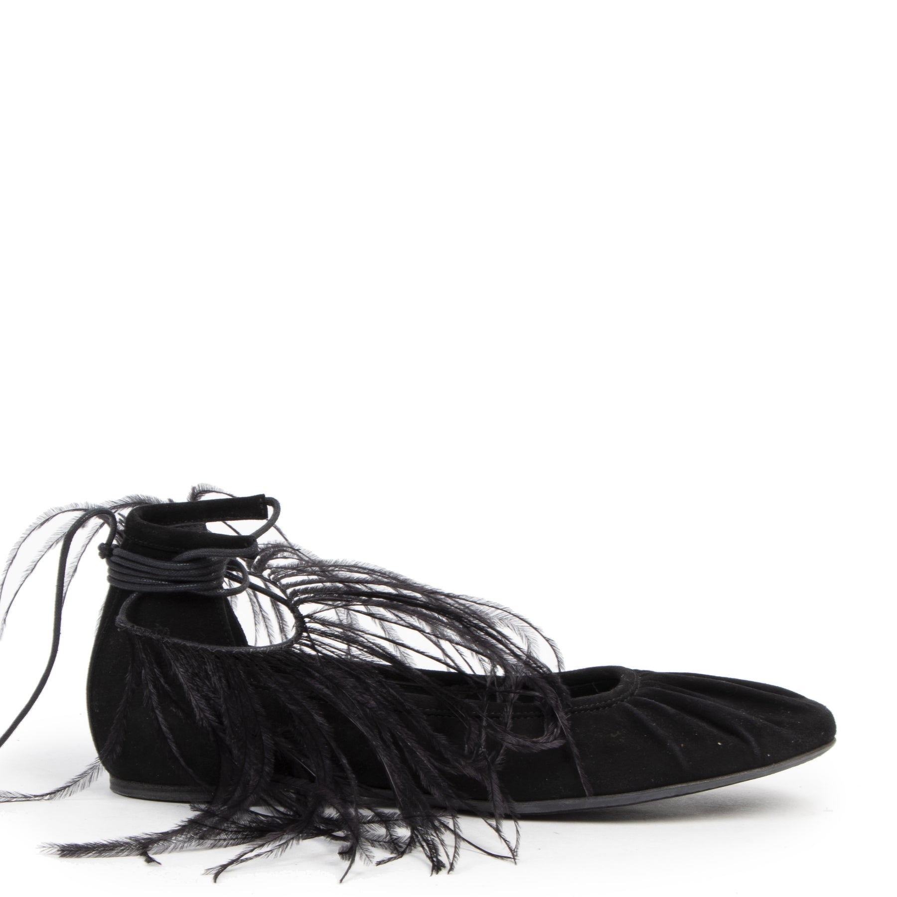 Authentieke Tweedehands Ann Demeulemeester Black Feather-trimmed Suede Flats - Size 38,5 juiste prijs veilig online shoppen luxe merken webshop winkelen Antwerpen België mode fashion