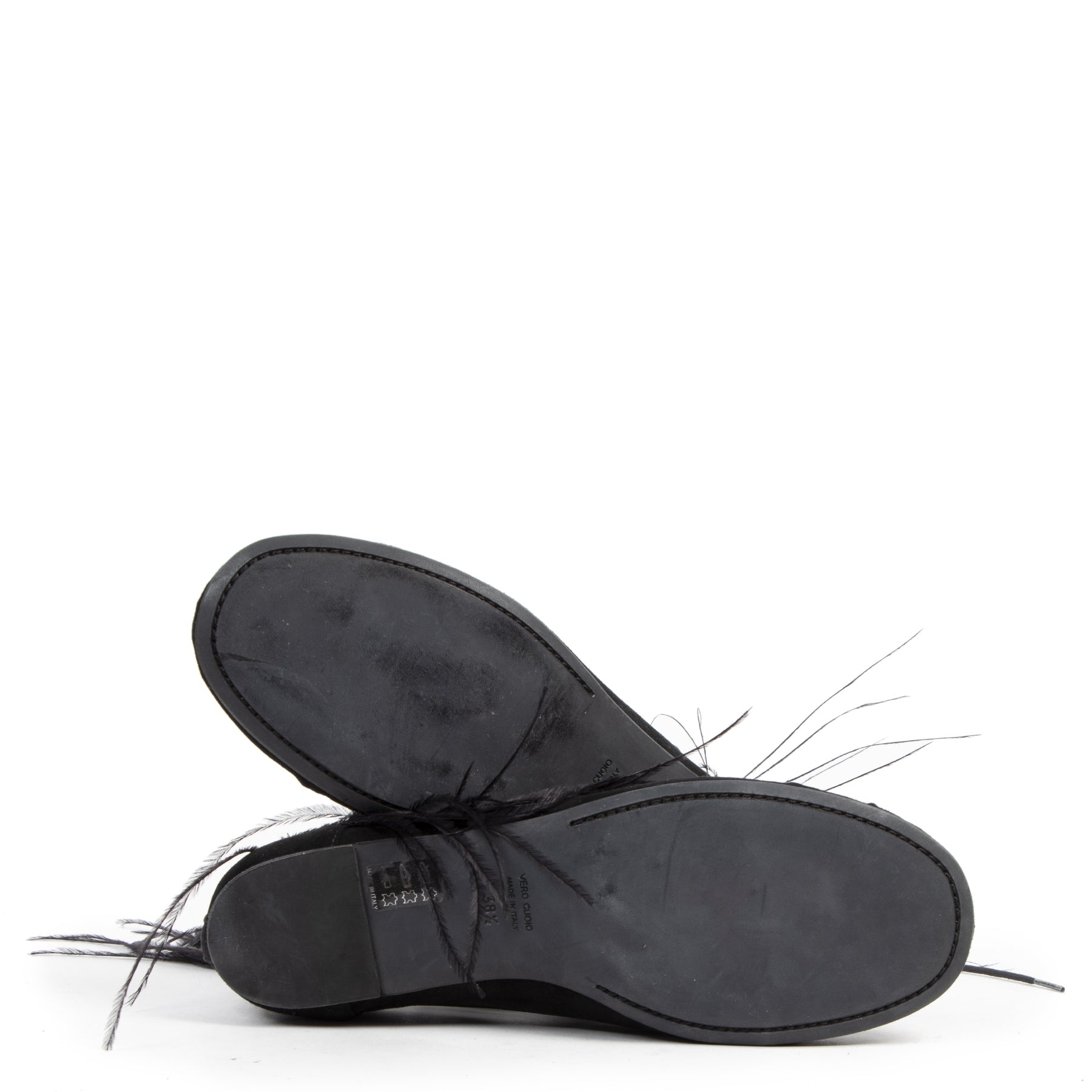 Authentic Secondhand Ann Demeulemeester Black Feather-trimmed Suede Flats - Size 38,5 designer shoes luxury vintage webshop fashion designer high end brands