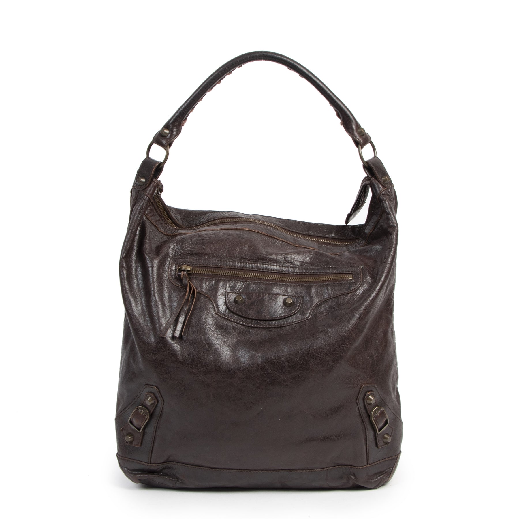 Authentieke Tweedehands Balenciaga Brown Leather Day Bag juiste prijs veilig online shoppen luxe merken webshop winkelen Antwerpen België mode fashion