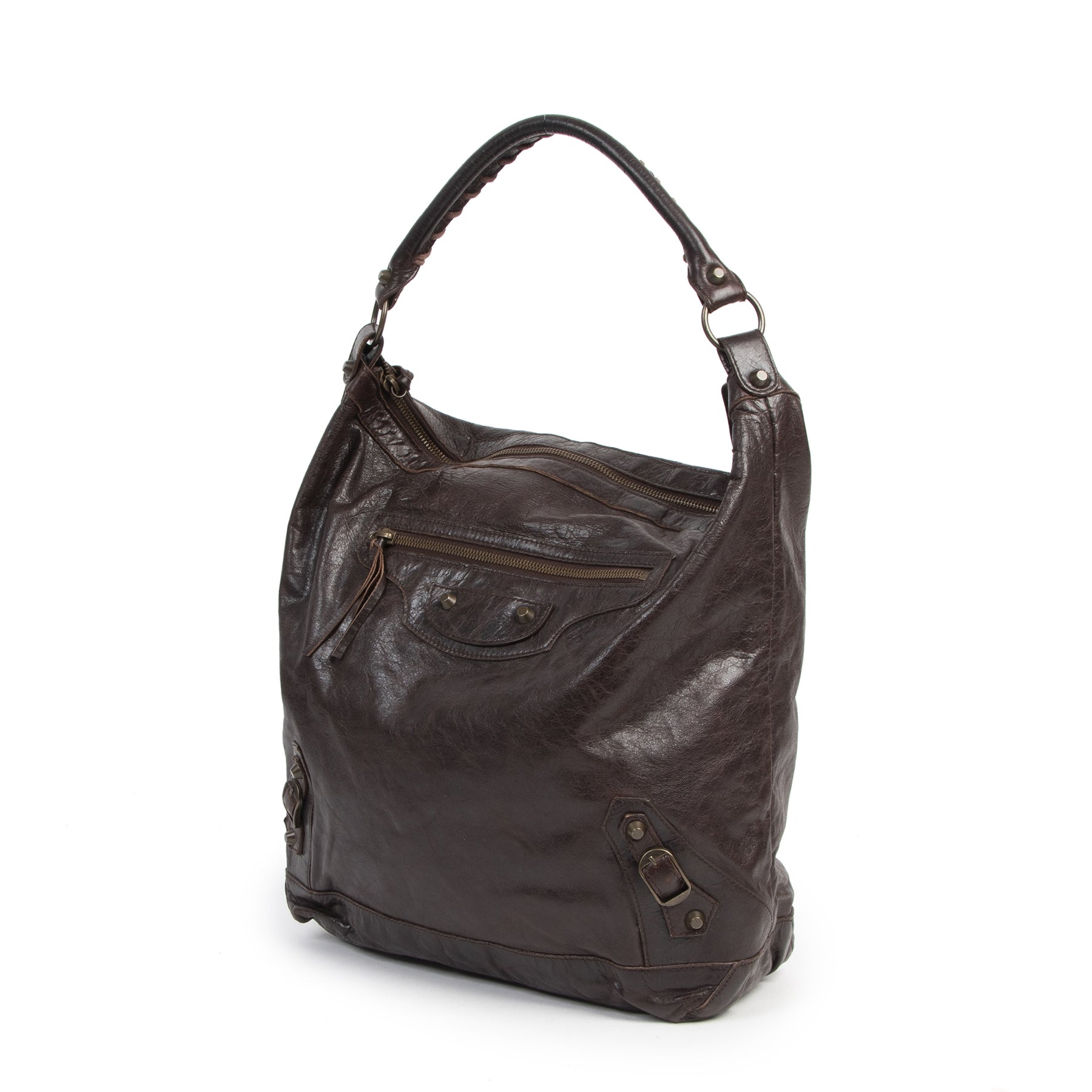 Authentieke Tweedehands Balenciaga Brown Leather Day Bag juiste prijs veilig online shoppen luxe merken webshop winkelen Antwerpen België mode fashion