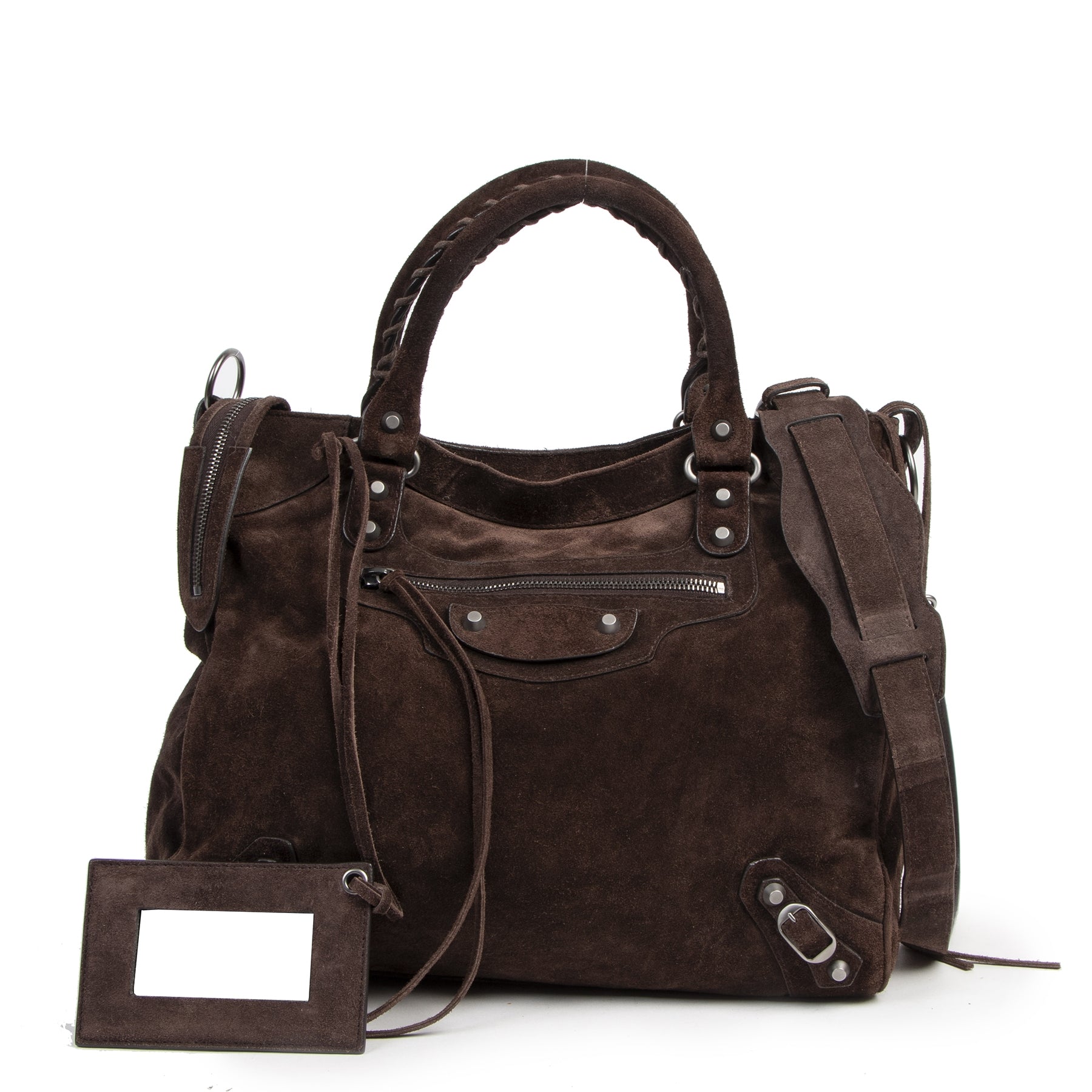 Authentic secondhand Balenciaga Velo Mocha Suede Handbag designer bags fashion luxury vintage webshop safe secure online shopping designer high end brands
