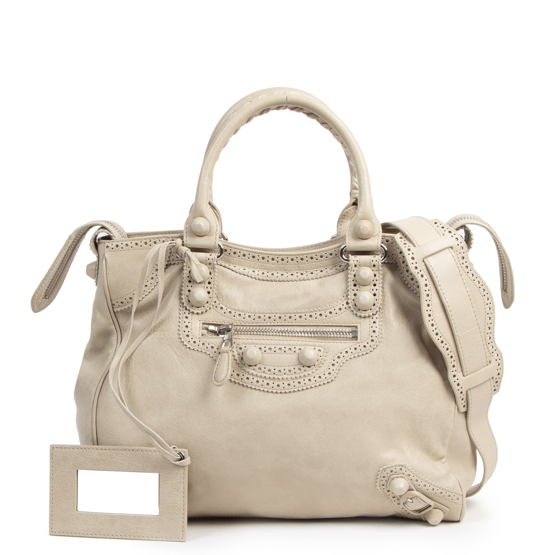 Authentieke Tweedehands Balenciaga Velo Brogue Cream Leather Handbag juiste prijs veilig online shoppen luxe merken webshop winkelen Antwerpen België mode fashion