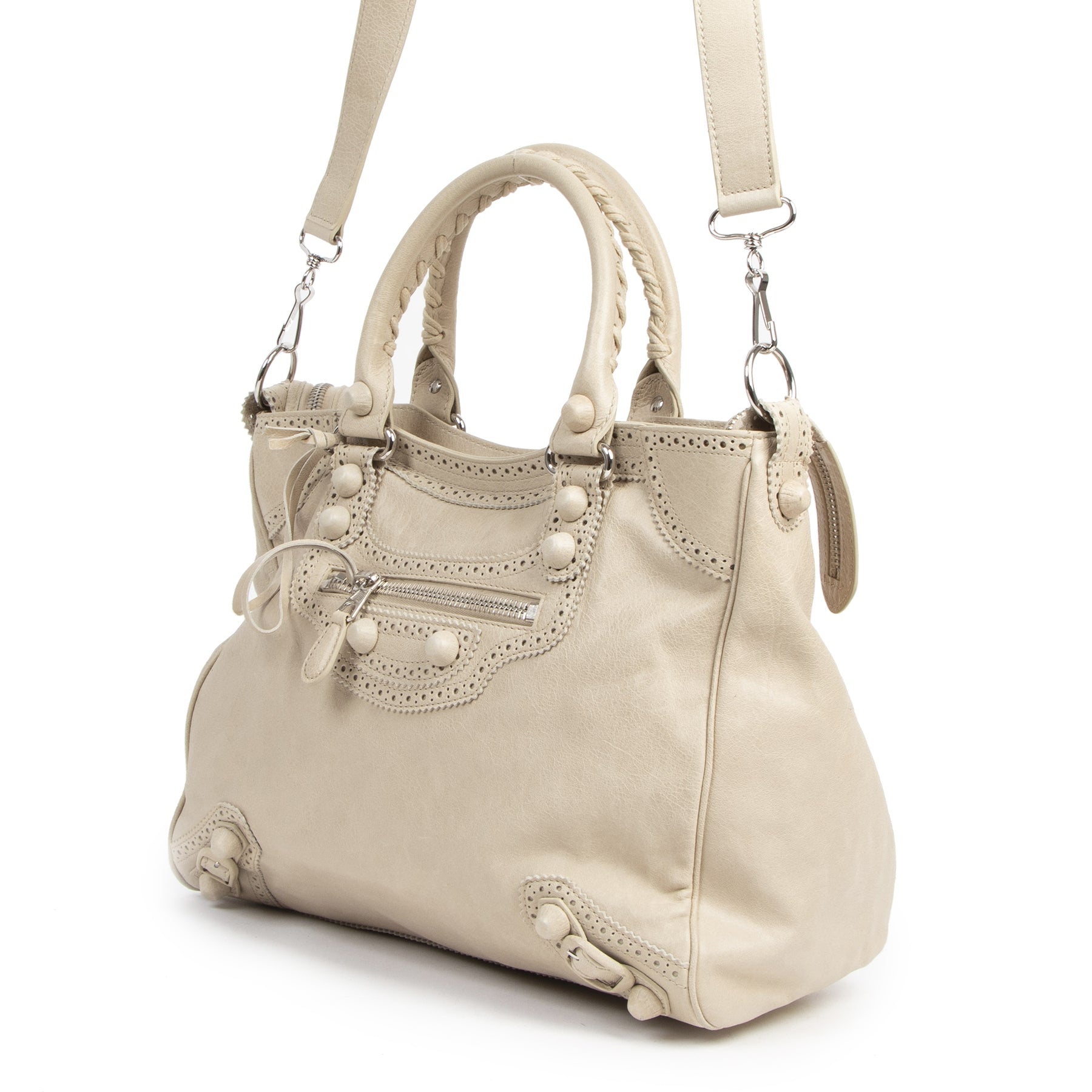 Authentic secondhand Balenciaga Velo Brogue Cream Leather Handbag designer bags fashion luxury vintage webshop safe secure online shopping designer high end brands
