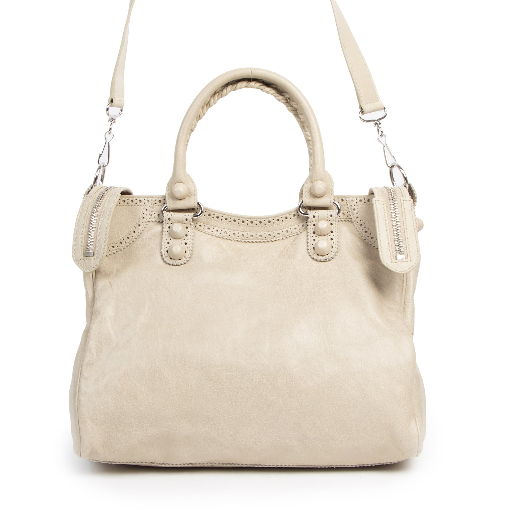 Authentieke Tweedehands Balenciaga Velo Brogue Cream Leather Handbag juiste prijs veilig online shoppen luxe merken webshop winkelen Antwerpen België mode fashion