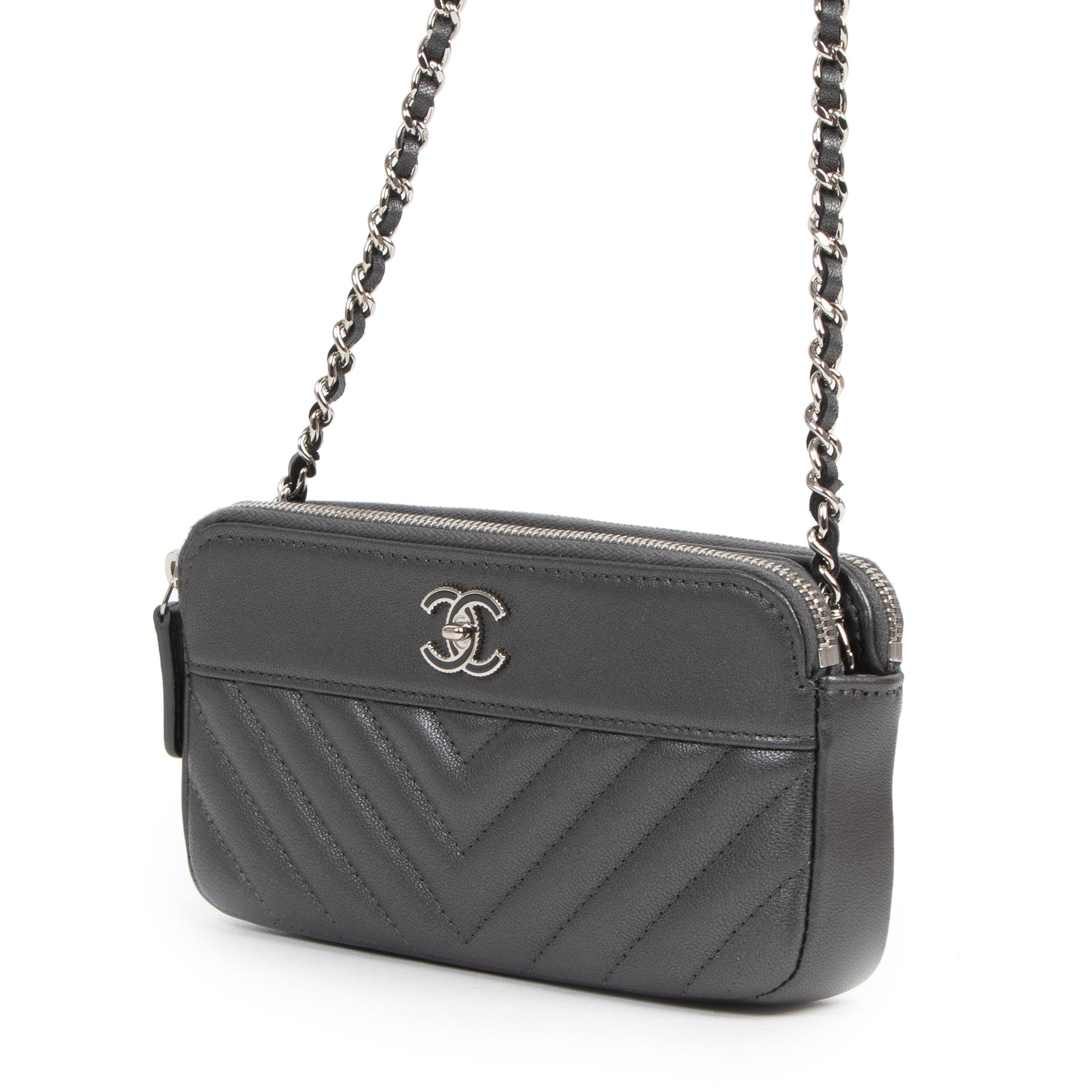 Authentieke Tweedehands Chanel Grey Wallet On Chain Double Zip Bag juiste prijs veilig online shoppen luxe merken webshop winkelen Antwerpen België mode fashion