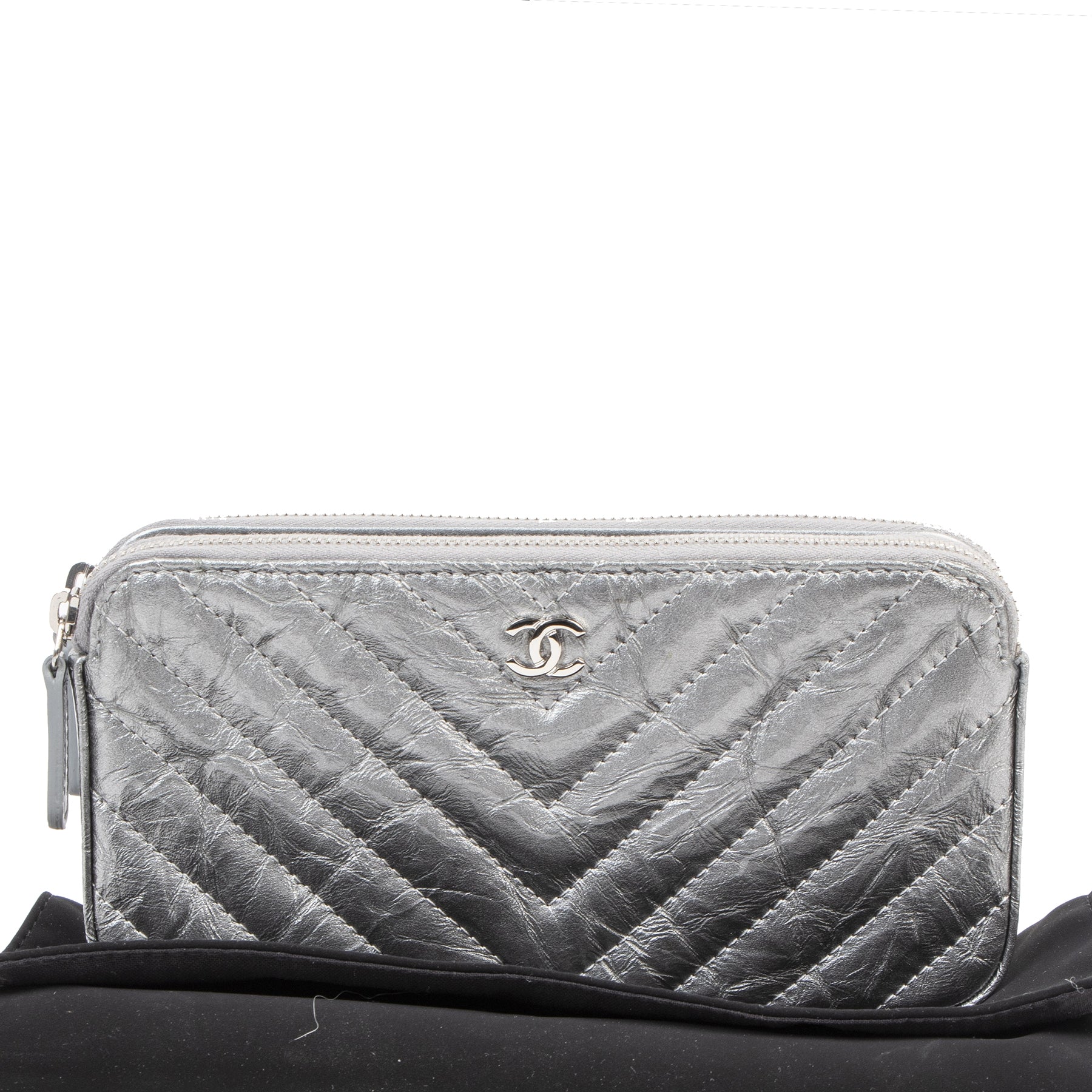 Authentieke Tweedehands Chanel Silver Wallet On Chain Double Zip Bag juiste prijs veilig online shoppen luxe merken webshop winkelen Antwerpen België mode fashion