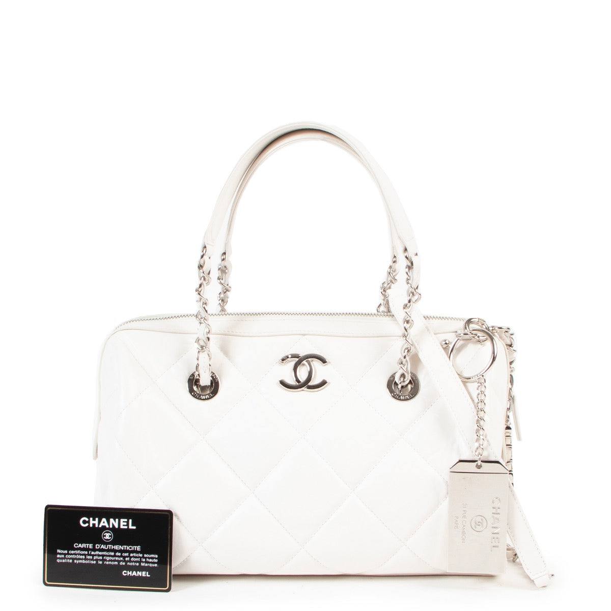 Chanel White Quilted Boston Crossbody Bag