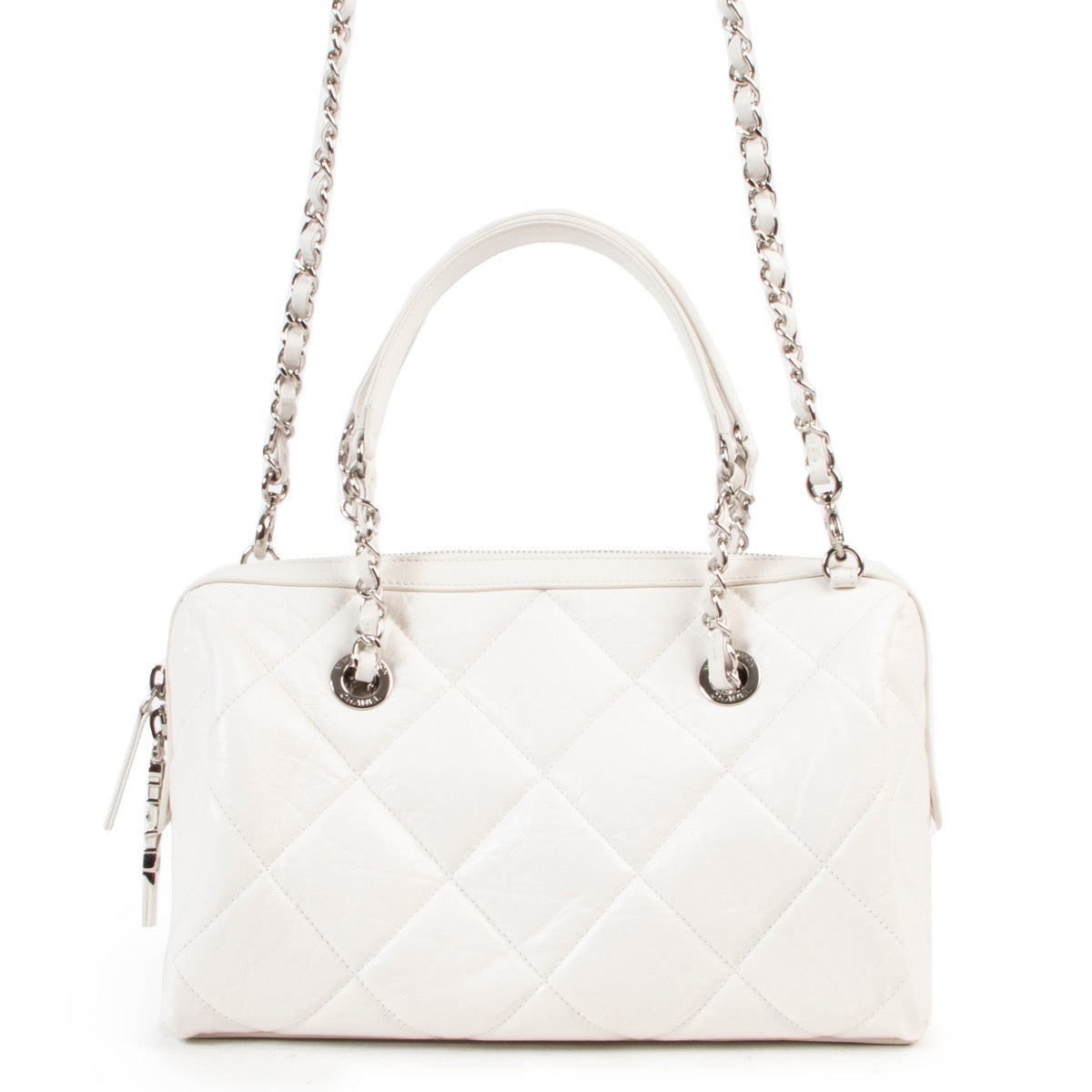shop safe online 100% authentic Chanel White Quilted Boston Crossbody Bag