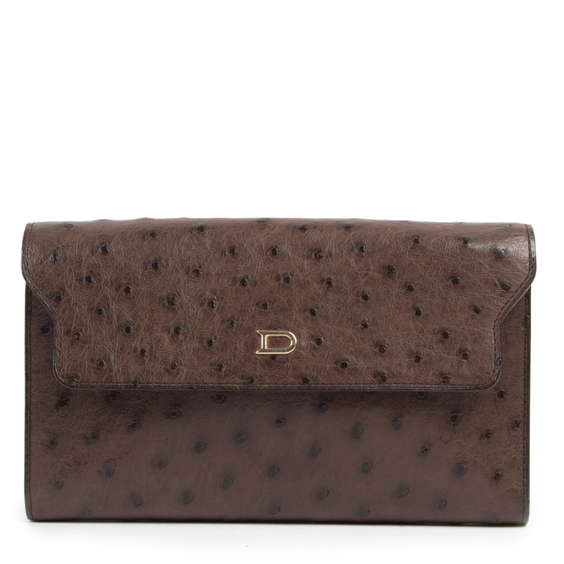 Authentic secondhand Delvaux Brown Ostrich Leather Wallet designer accessories fashion luxury vintage webshop safe secure online shopping high end brands