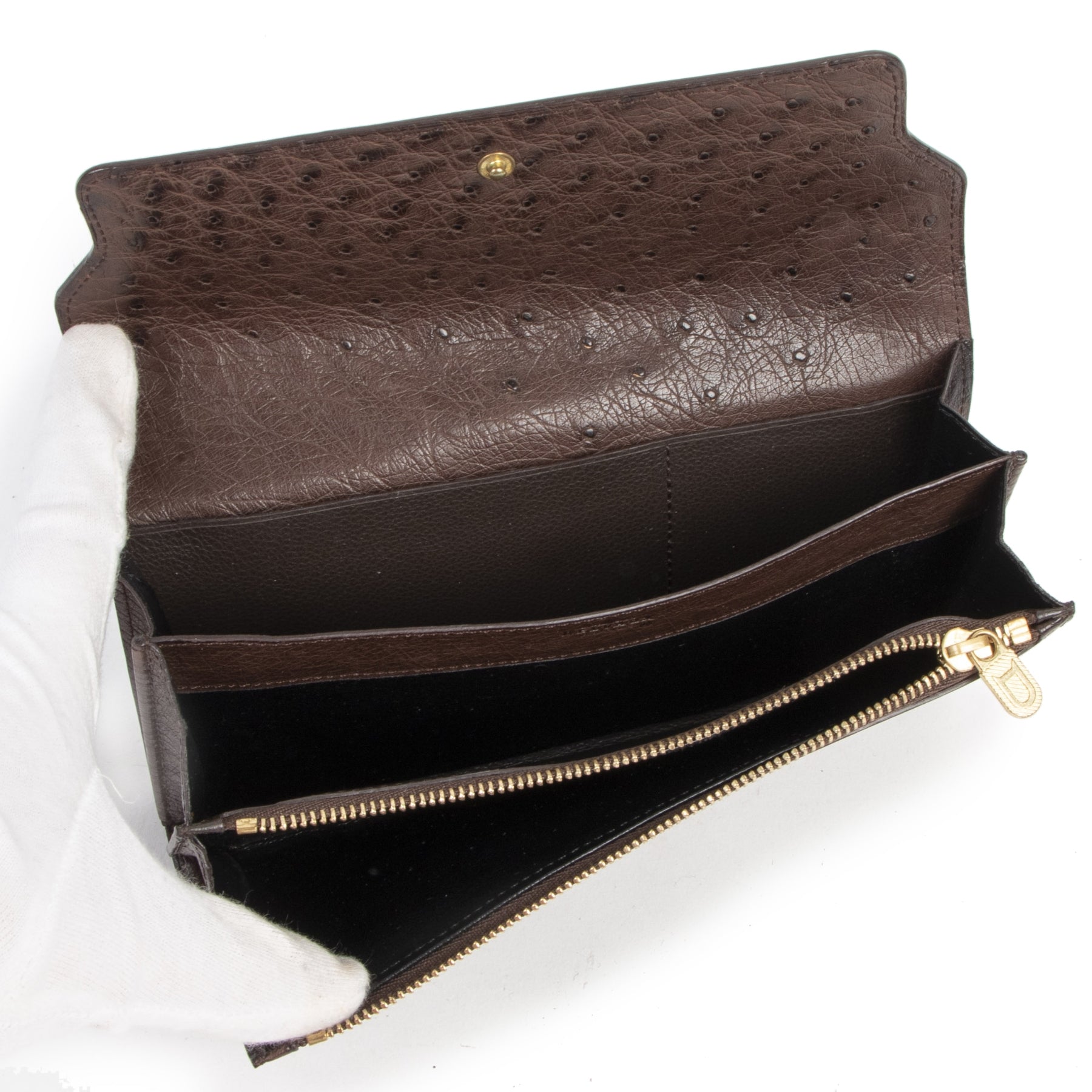 Authentic secondhand Delvaux Brown Ostrich Leather Wallet designer accessories fashion luxury vintage webshop safe secure online shopping high end brands