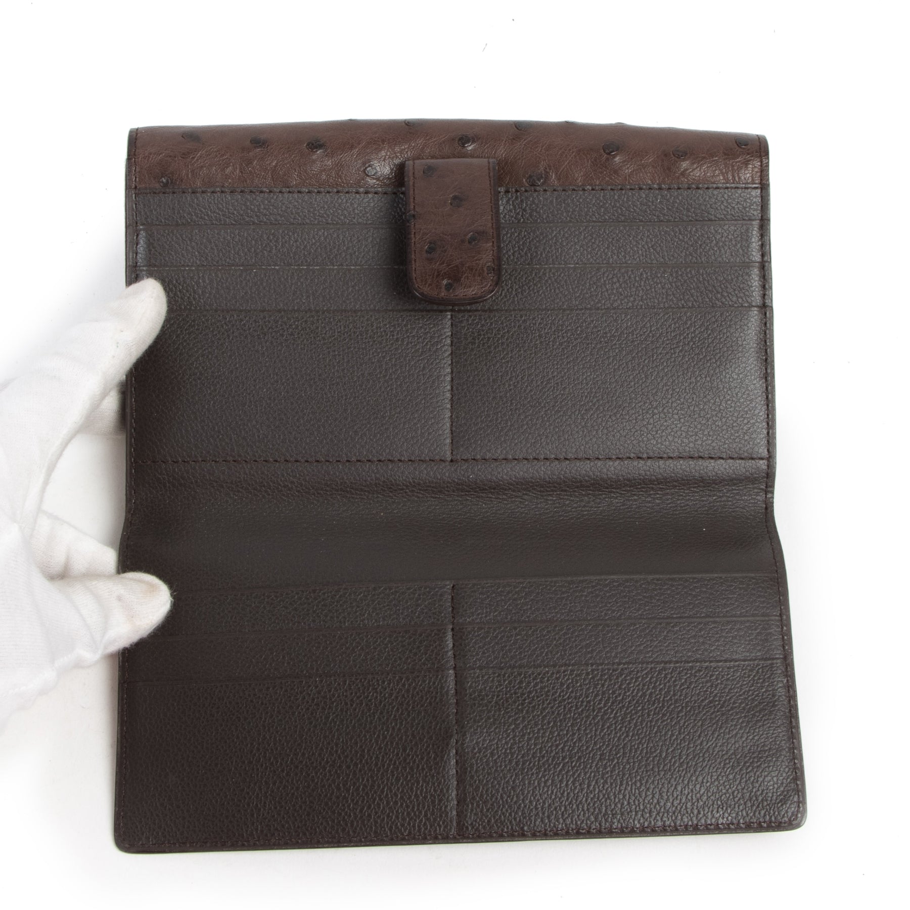 Authentieke Tweedehands Delvaux Brown Ostrich Leather Wallet juiste prijs veilig online shoppen luxe merken webshop winkelen Antwerpen België mode fashion