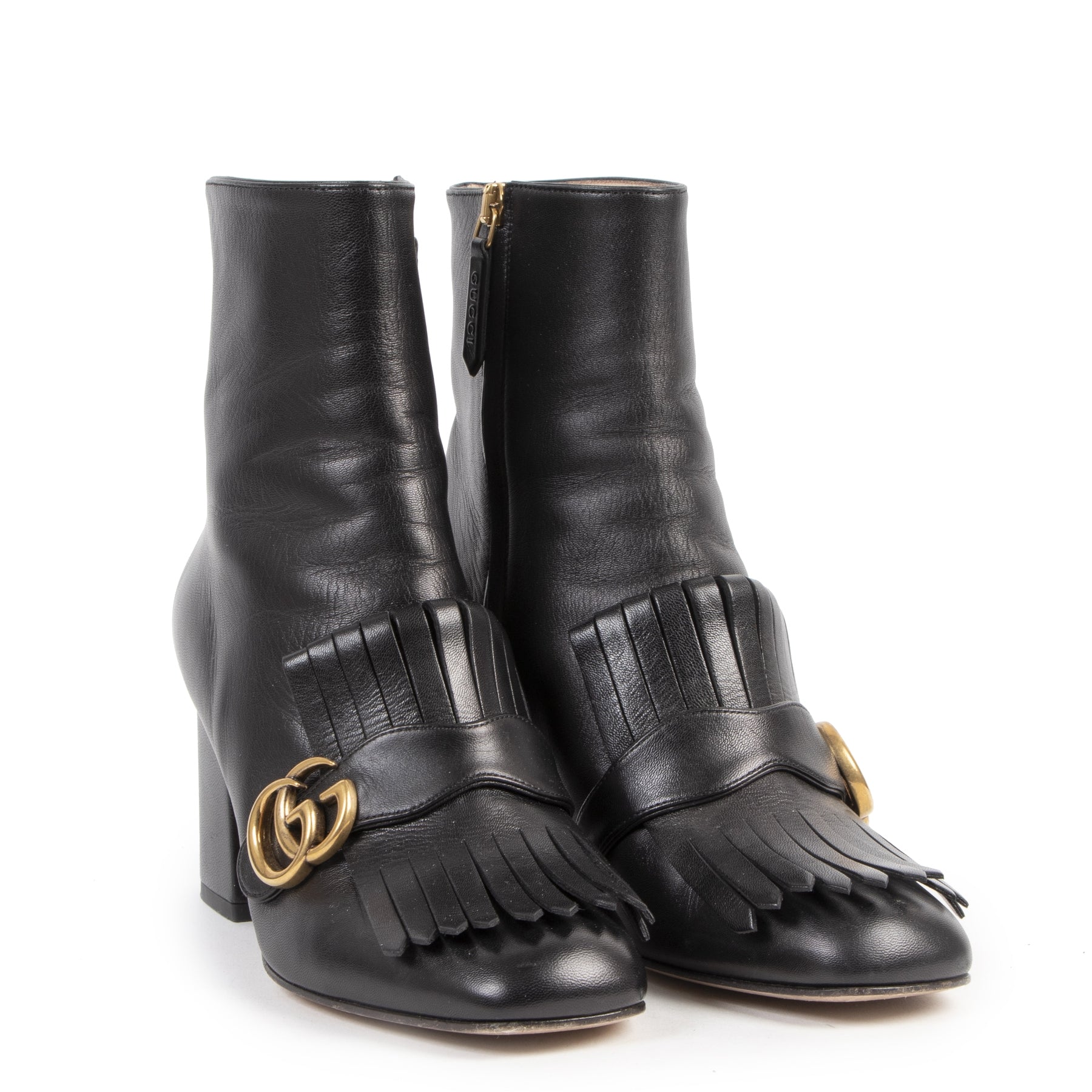 Authentieke tweedehands vintage Gucci Marmont Black Leather Ankle Boots - Size 39 koop online webshop LabelLOV