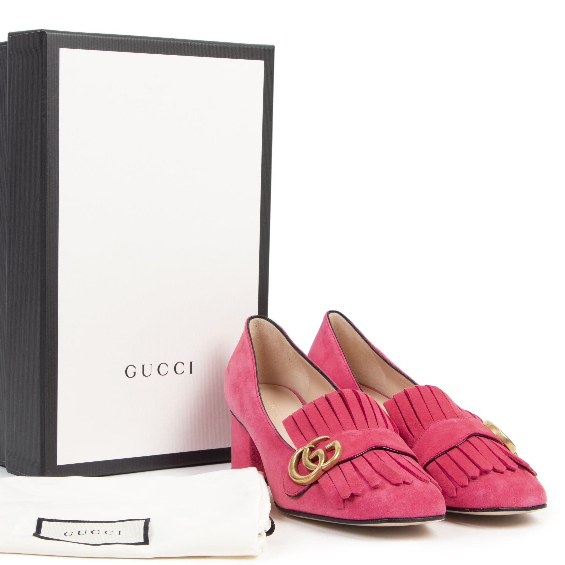 Gucci Pink Suede GG Marmont Fringe Pumps - Size 39