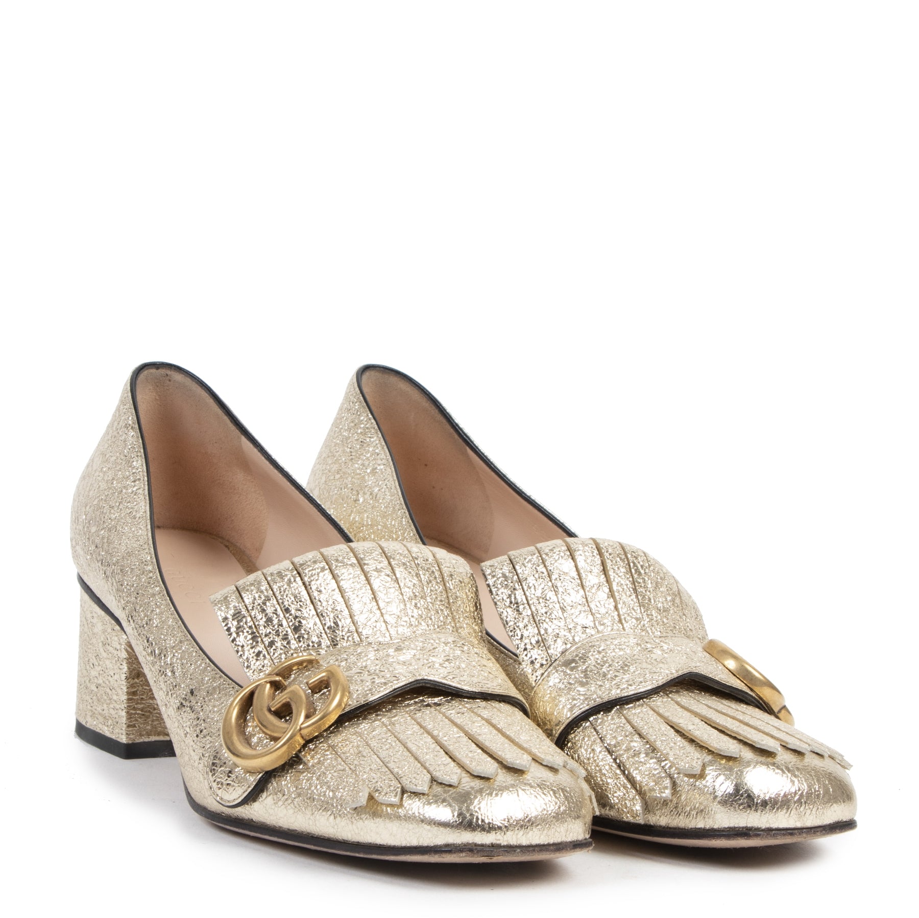 Authentieke tweedehands vintage Gucci Gold Marmont Leather Loafer Pumps - Size 39 koop online webshop LabelLOV