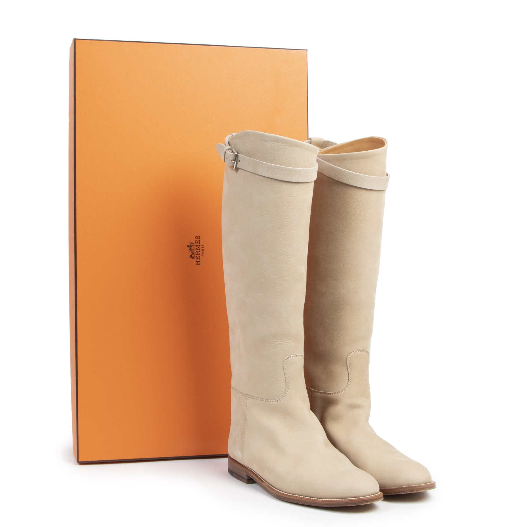 Authentieke tweedehands vintage Hermès Ecru Nubuck Jumping Riding Boots - Size 38 koop online webshop LabelLOV