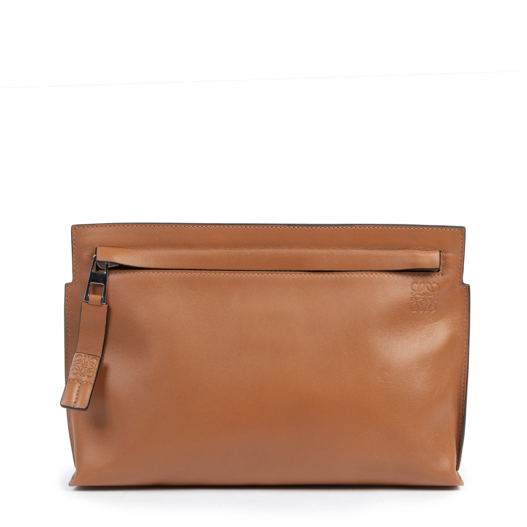 Authentieke tweedehands vintage Loewe Cognac Leather Clutch koop online webshop labelLOV