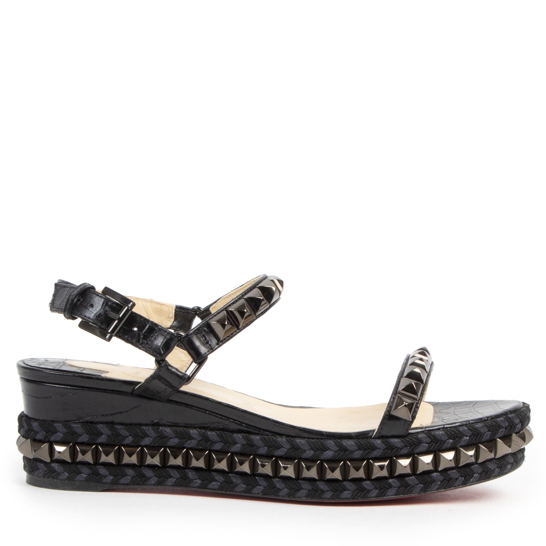 Authentieke Tweedehands Louboutin Cataclou Black Studded Platform Sandal - Size 39 juiste prijs veilig online shoppen luxe merken webshop winkelen Antwerpen België mode fashion