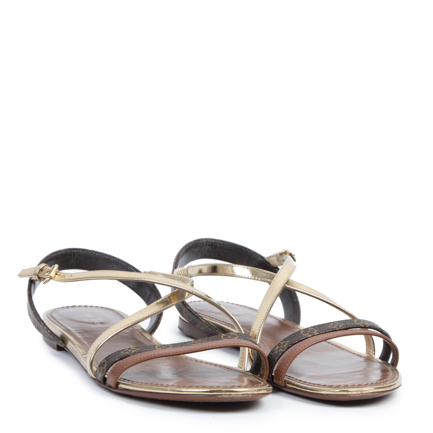 Authentieke tweedehands vintage Louis Vuitton Gold Monogram Flat Sandals - Size 39 koop online webshop LabelLOV