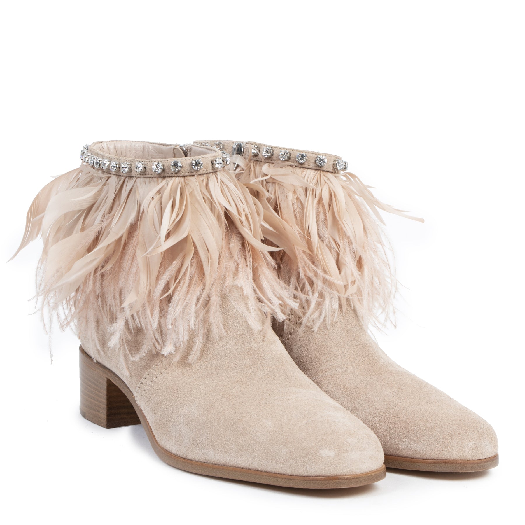 Authentieke tweedehands vintage Miu Miu Feather-trimmed Suede Ankle Boots - Size 39 koop online webshop LabelLOV
