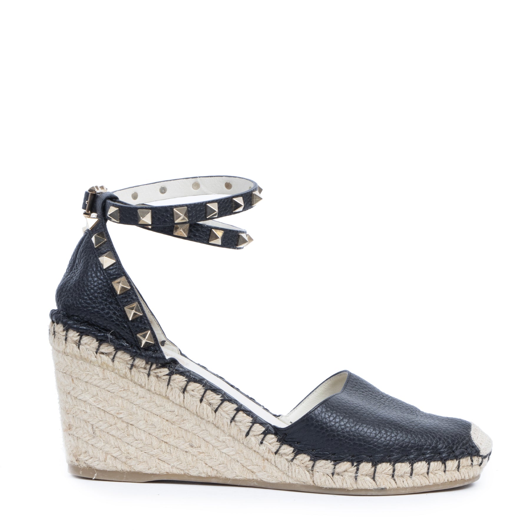 Authentieke Tweedehands Valentino Rockstud Double Grainy Calfskin Leather Wedge Espadrille - Size 39 juiste prijs veilig online shoppen luxe merken webshop winkelen Antwerpen België mode fashion