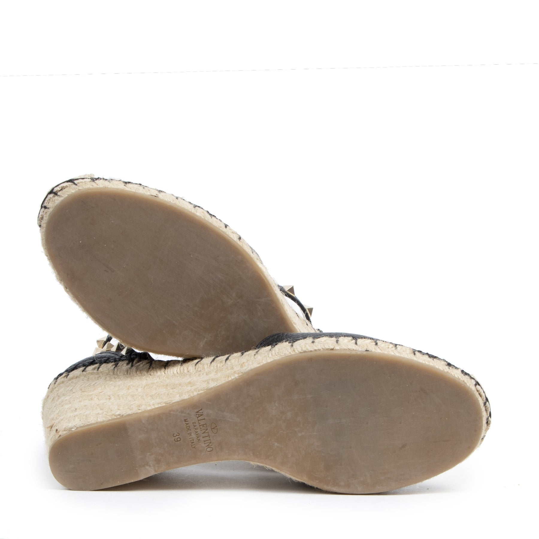 Authentieke Tweedehands Valentino Rockstud Double Grainy Calfskin Leather Wedge Espadrille - Size 39 juiste prijs veilig online shoppen luxe merken webshop winkelen Antwerpen België mode fashion