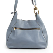 Authentieke tweedehands vintage Delvaux Blue Leather Drawstring Tote koop online webshop LabelLOV