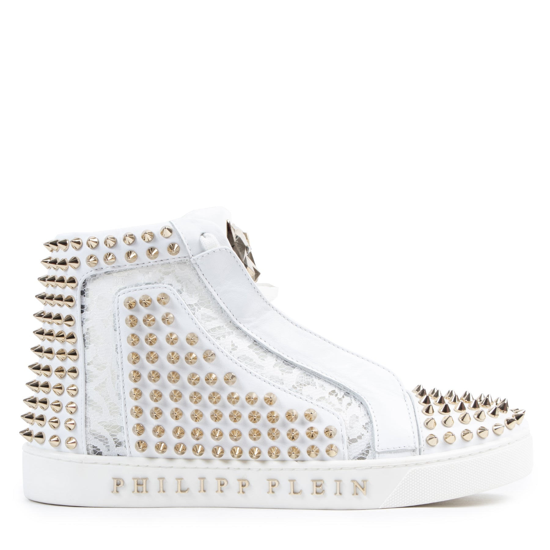 Authentieke Tweedehands Philipp Plein White Studded Sneakers - Size 39 juiste prijs veilig online shoppen luxe merken webshop winkelen Antwerpen België mode fashion