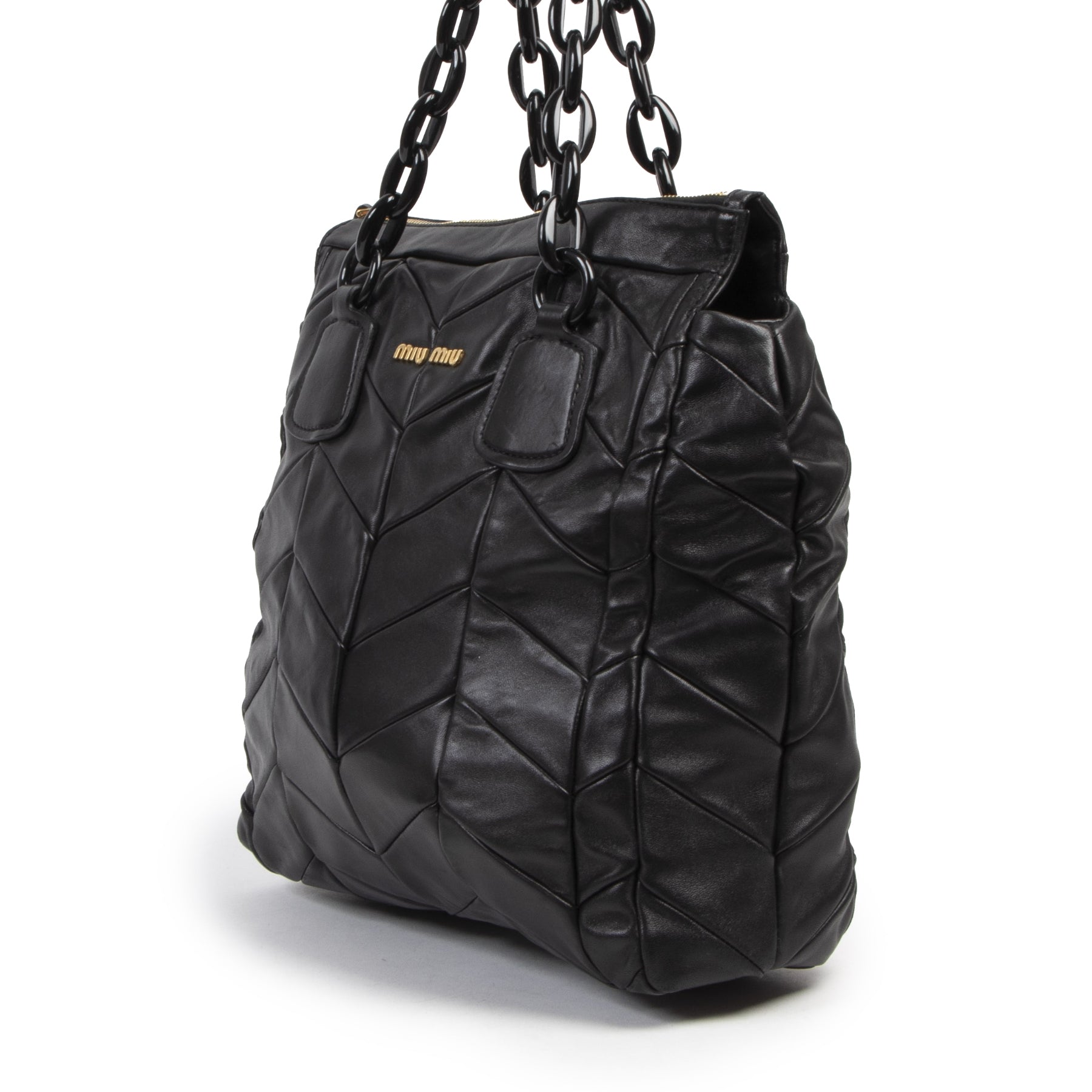 Authentieke tweedehands vintage Miu Miu Black Leather Top Handle Bag koop online webshop LabelLOV