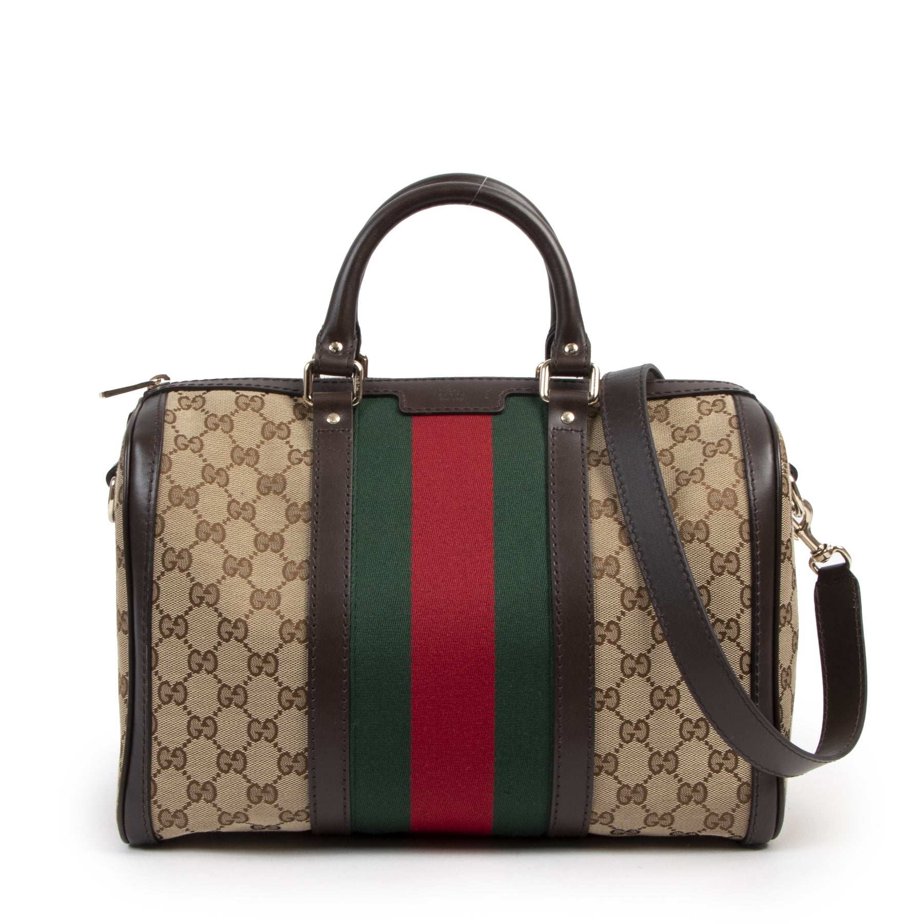 Authentic second-hand vintage Gucci Original GG Vintage Web Boston Bag buy online webshop LabelLOV
