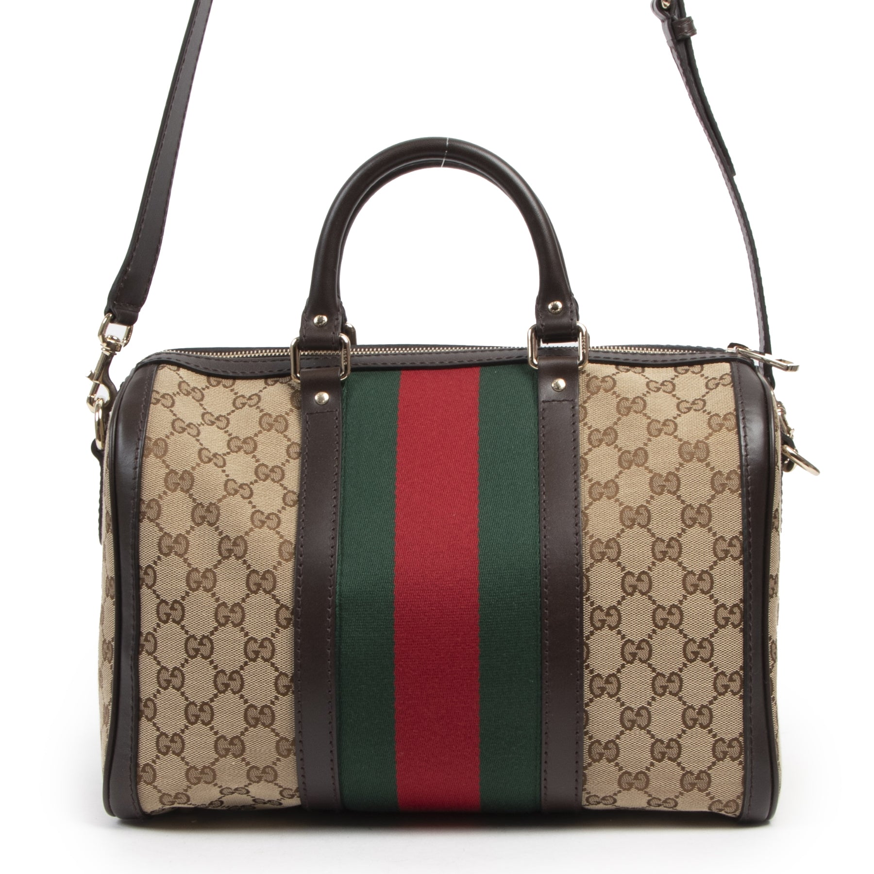 Authentique seconde-main vintage Gucci Original GG Vintage Web Boston Bag achète en ligne webshop LabelLOV