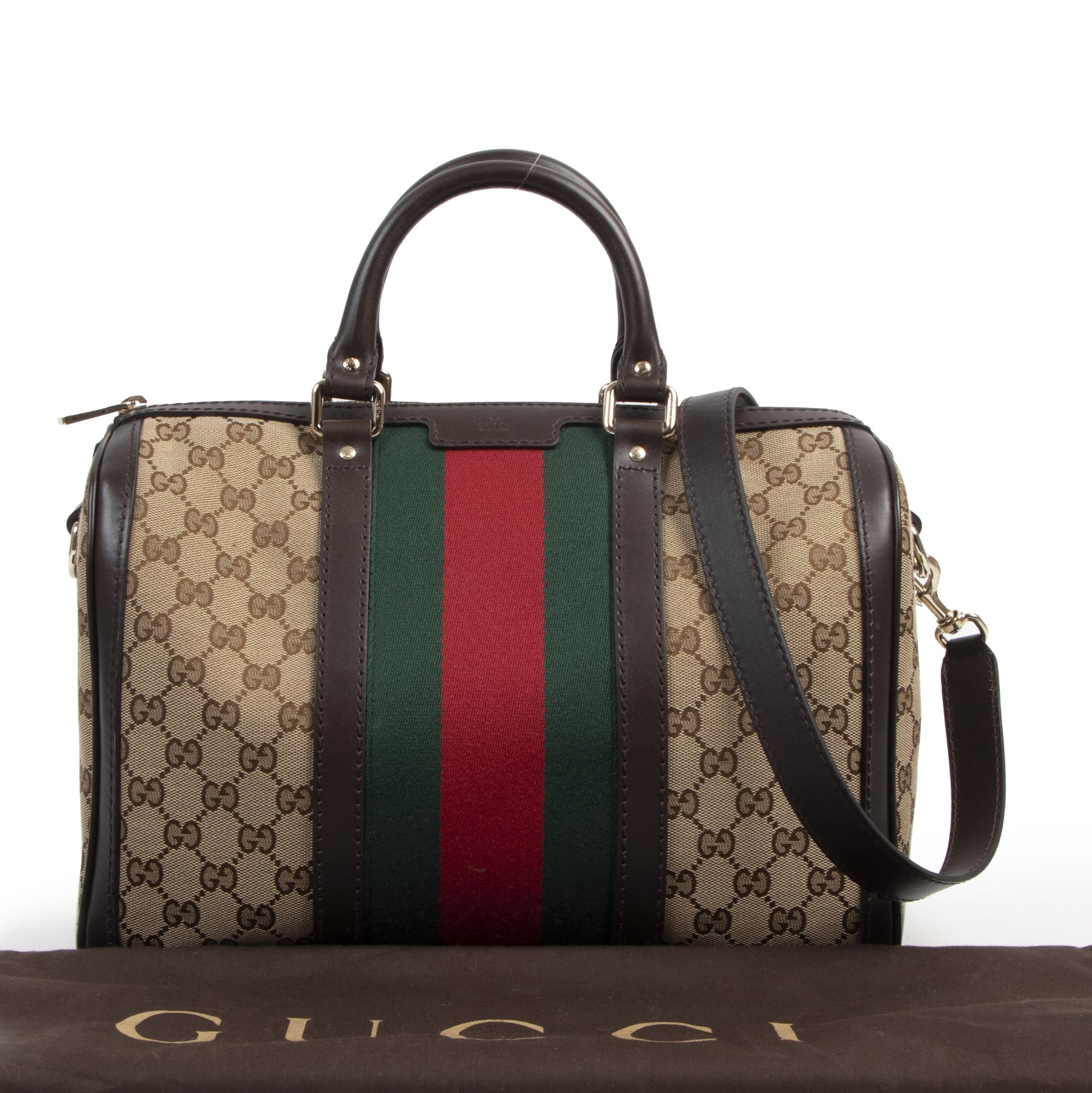Authentic second-hand vintage Gucci Original GG Vintage Web Boston Bag buy online webshop LabelLOV