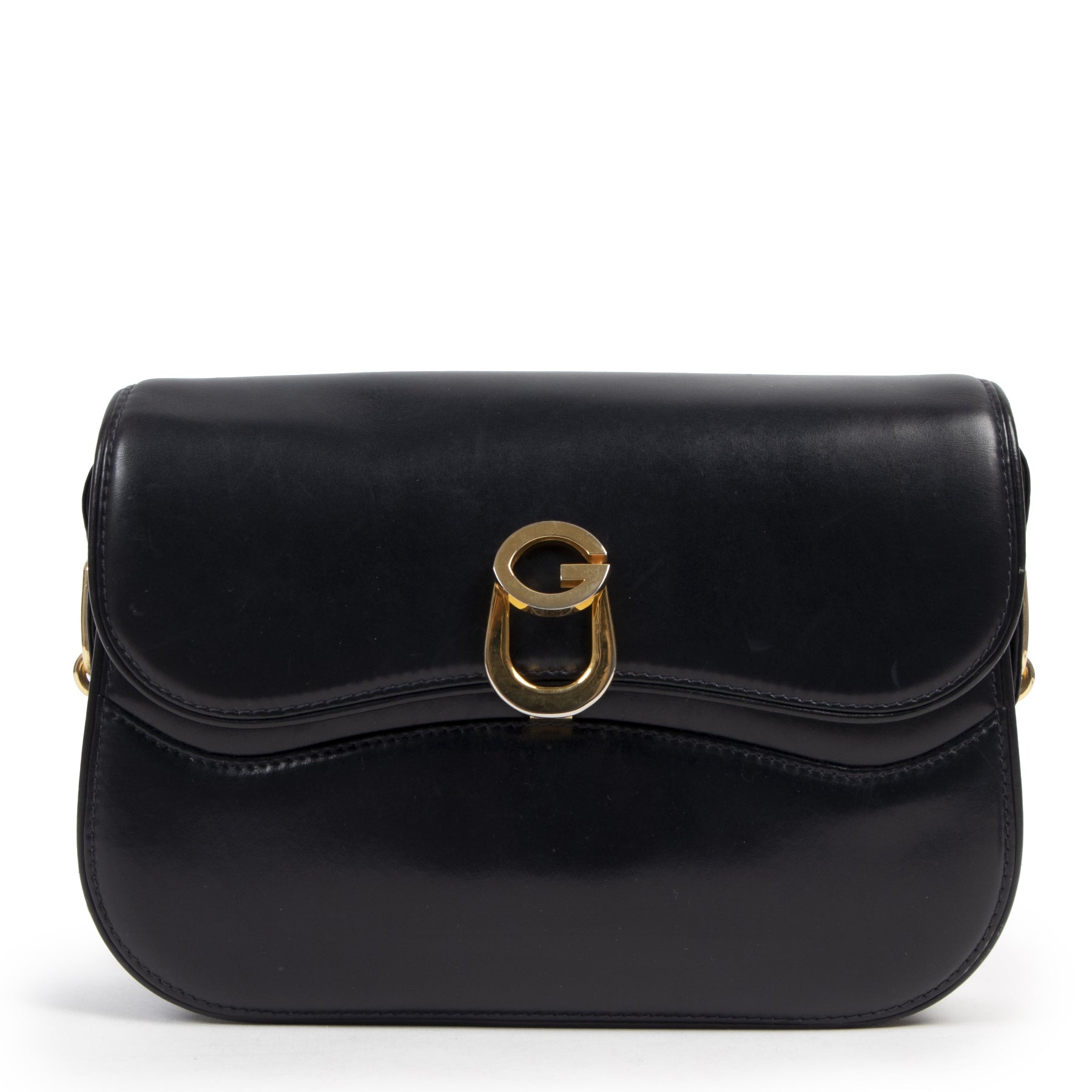 Authentic second-hand vintage Gucci Dark Blue Leather G Clasp Shoulder Bag buy online webshop LabelLOV