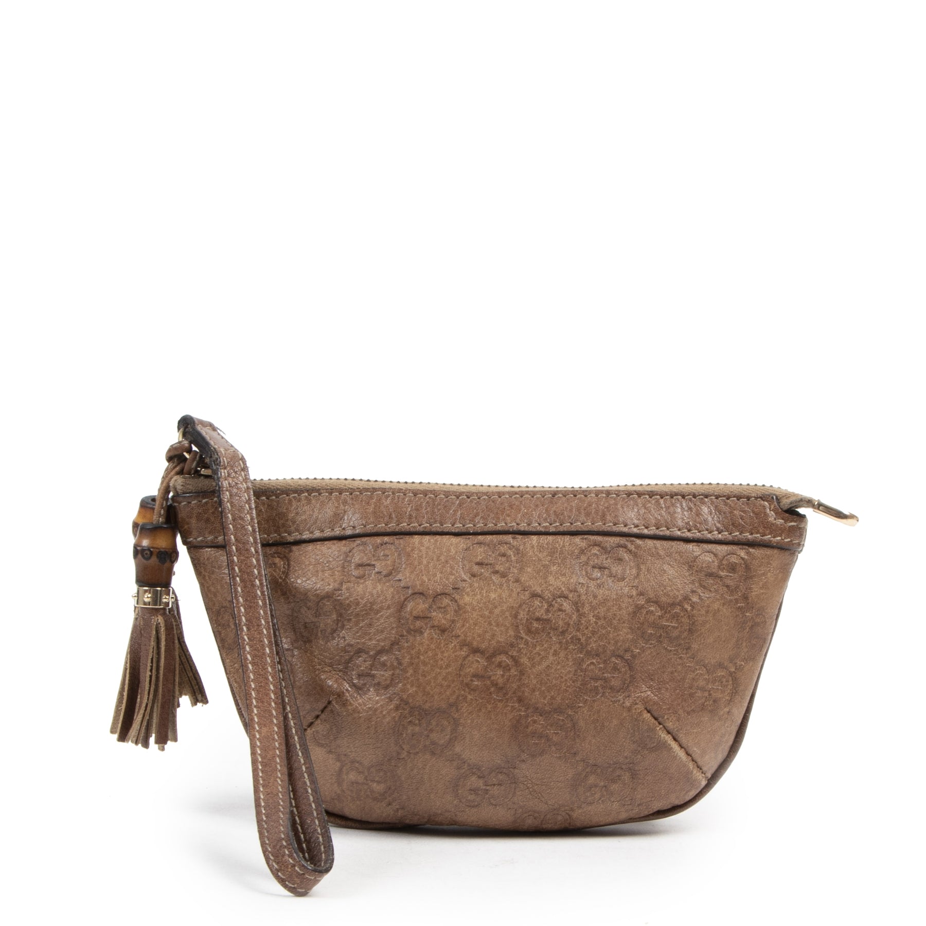 Authentic second-hand vintage Gucci Brown Leather Small Wristlet Pochette buy online webshop LabelLOV