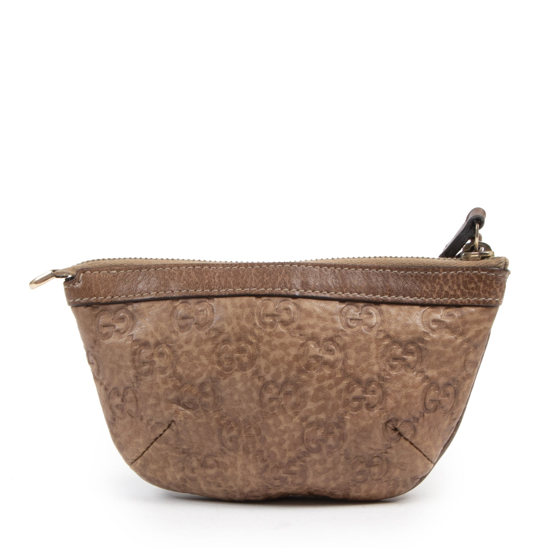 Authentieke tweedehands vintage Gucci Brown Leather Small Wristlet Pochette koop online webshop LabelLOV