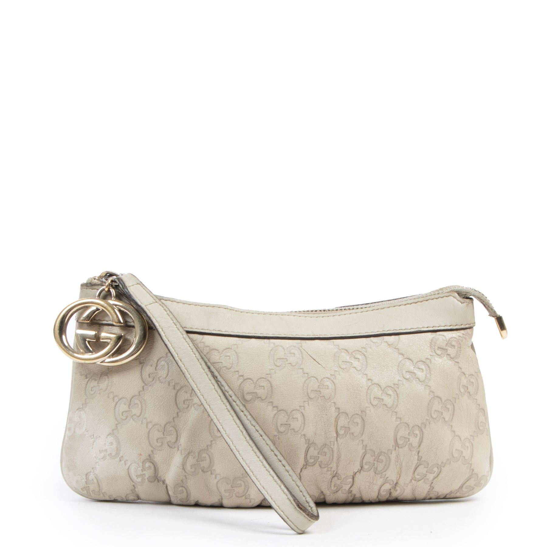 Authentieke tweedehands vintage Gucci Beige Leather Guccissima Wristlet Pochette koop online webshop LabelLOV