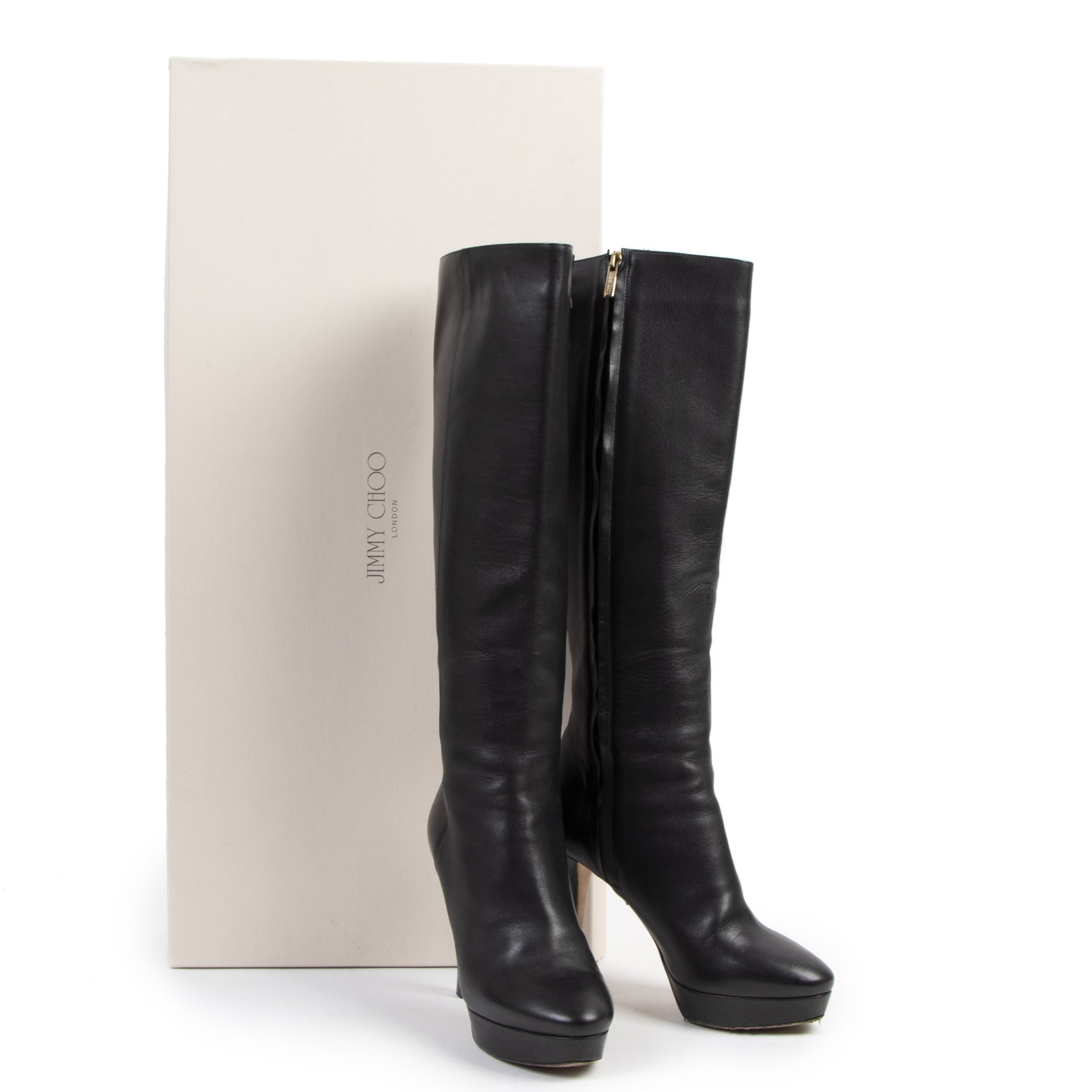 Authentic secondhand Jimmy Choo Black Leather High Boots - Size 37 designer shoes luxury vintage webshop safe secure online shopping
