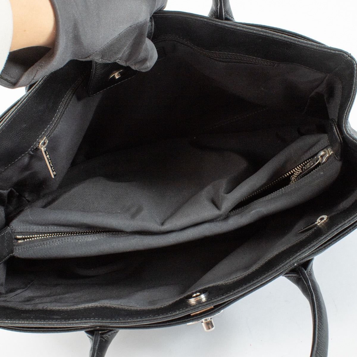 Chanel Black Executive Shoulder Bag in smooth leather with silver-tone hardware, authenticity card, dust bag, and removable pouch available at Labellov.com