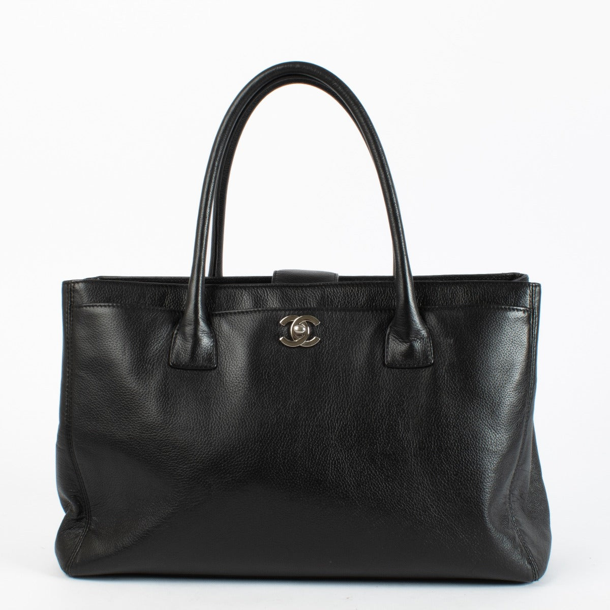Chanel Black Executive Shoulder Bag in smooth leather with silver-tone hardware, authenticity card, dust bag, and removable pouch available at Labellov.com