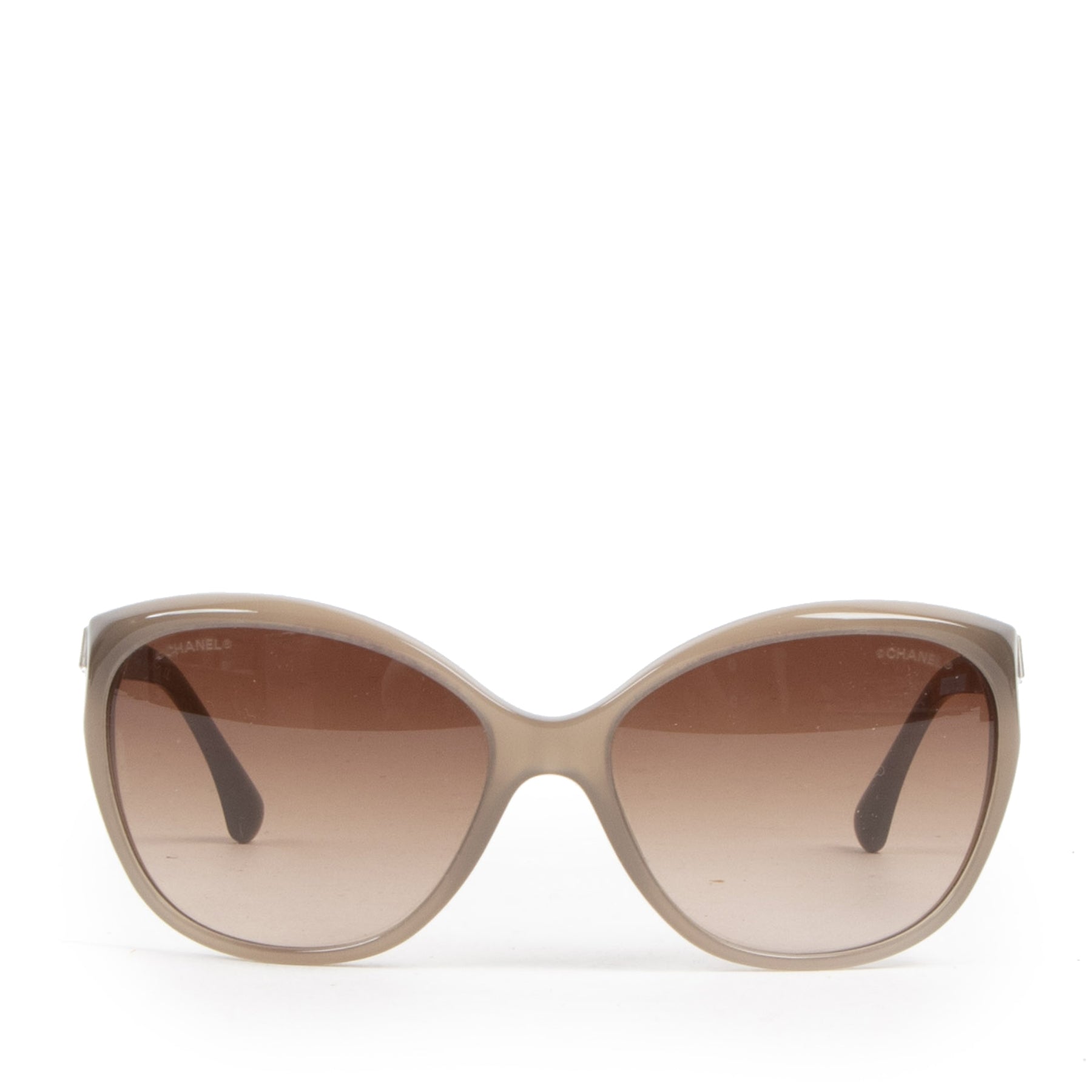 Authentieke tweedehands vintage Chanel Taupe Rhinestone Sunglasses koop online webshop LabelLOV