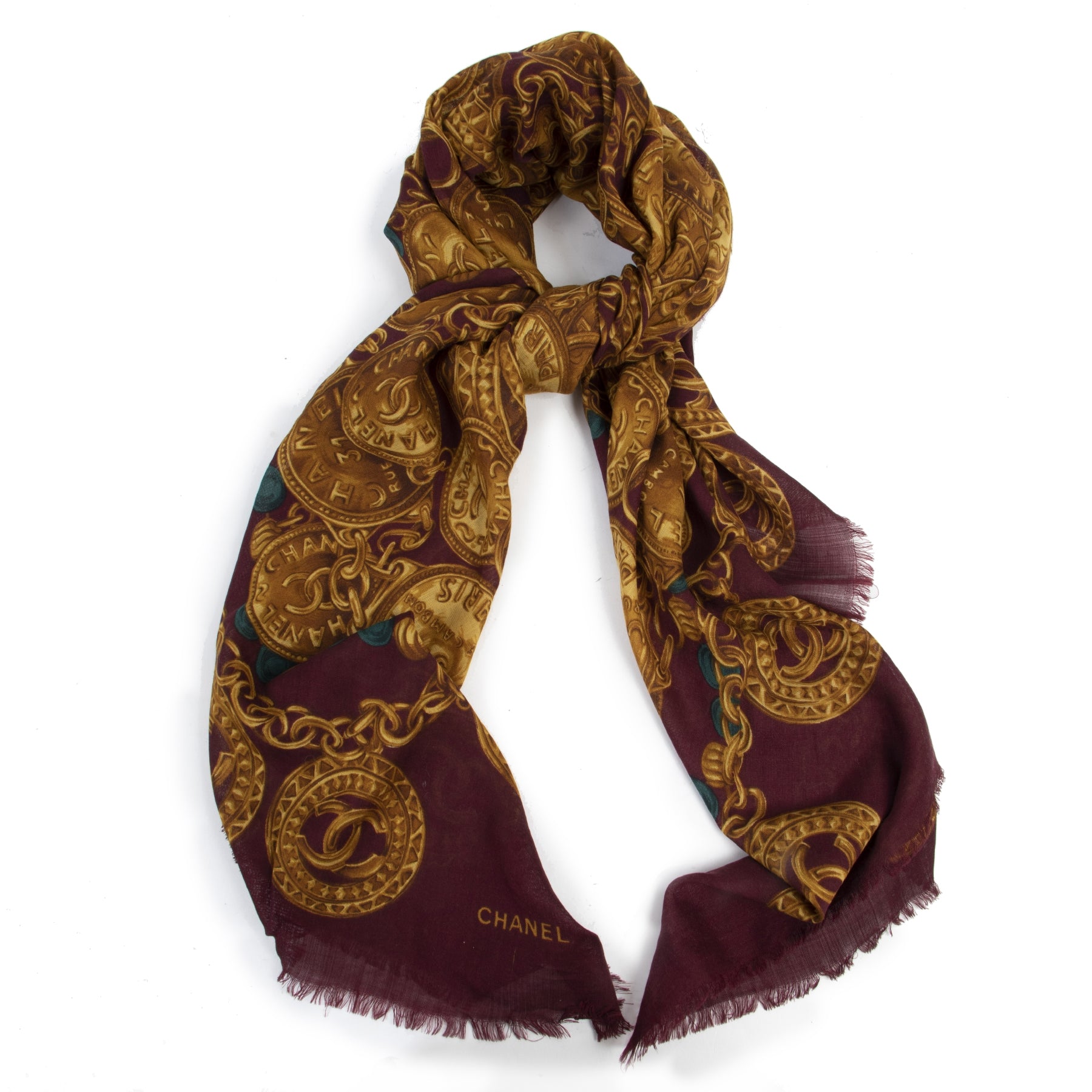 Authentic second-hand vintage Chanel Burgundy and Ocher Cashmere Scarf buy online webshop LabelLOV