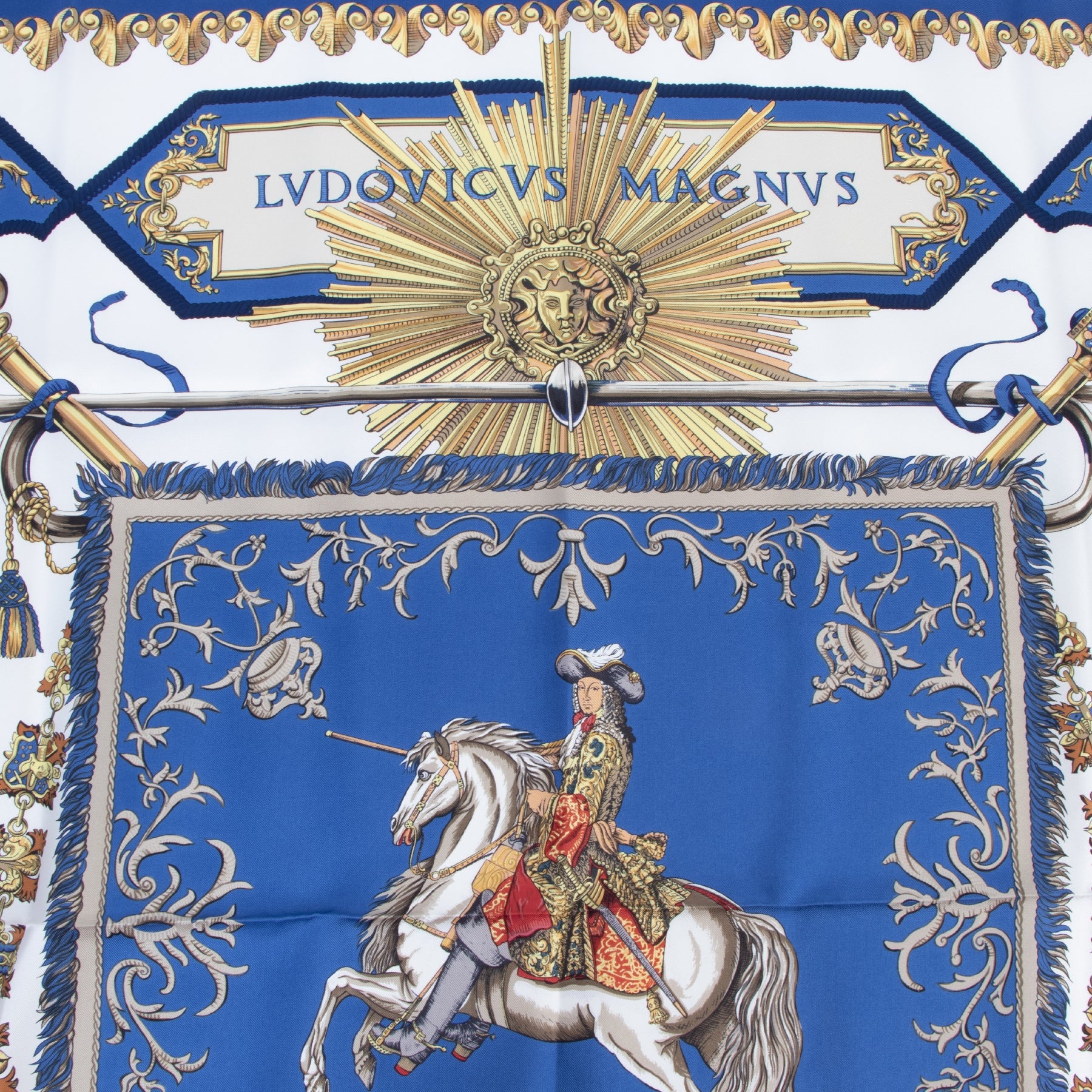 Authentic secondhand Hermes Blue Silk Ludovicus Magnus Carré designer scarves accessories fashion luxury vintage webshop