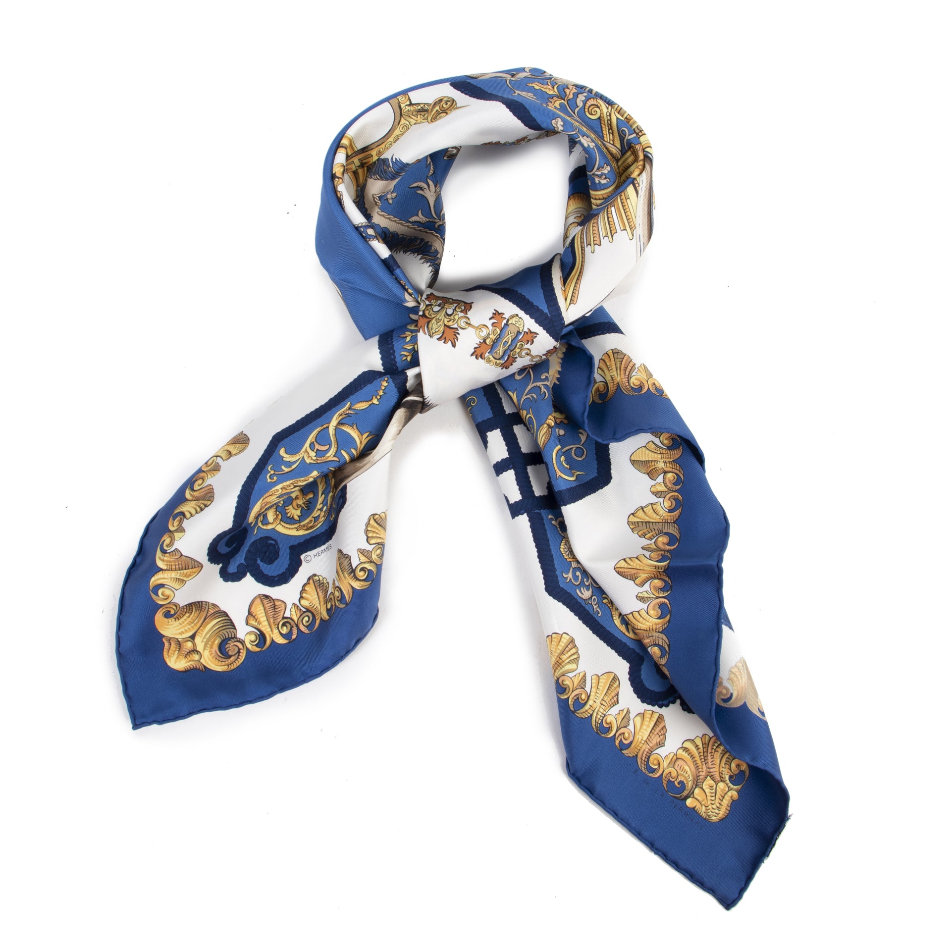 Authentic secondhand Hermes Blue Silk Ludovicus Magnus Carré designer scarves accessories fashion luxury vintage webshop