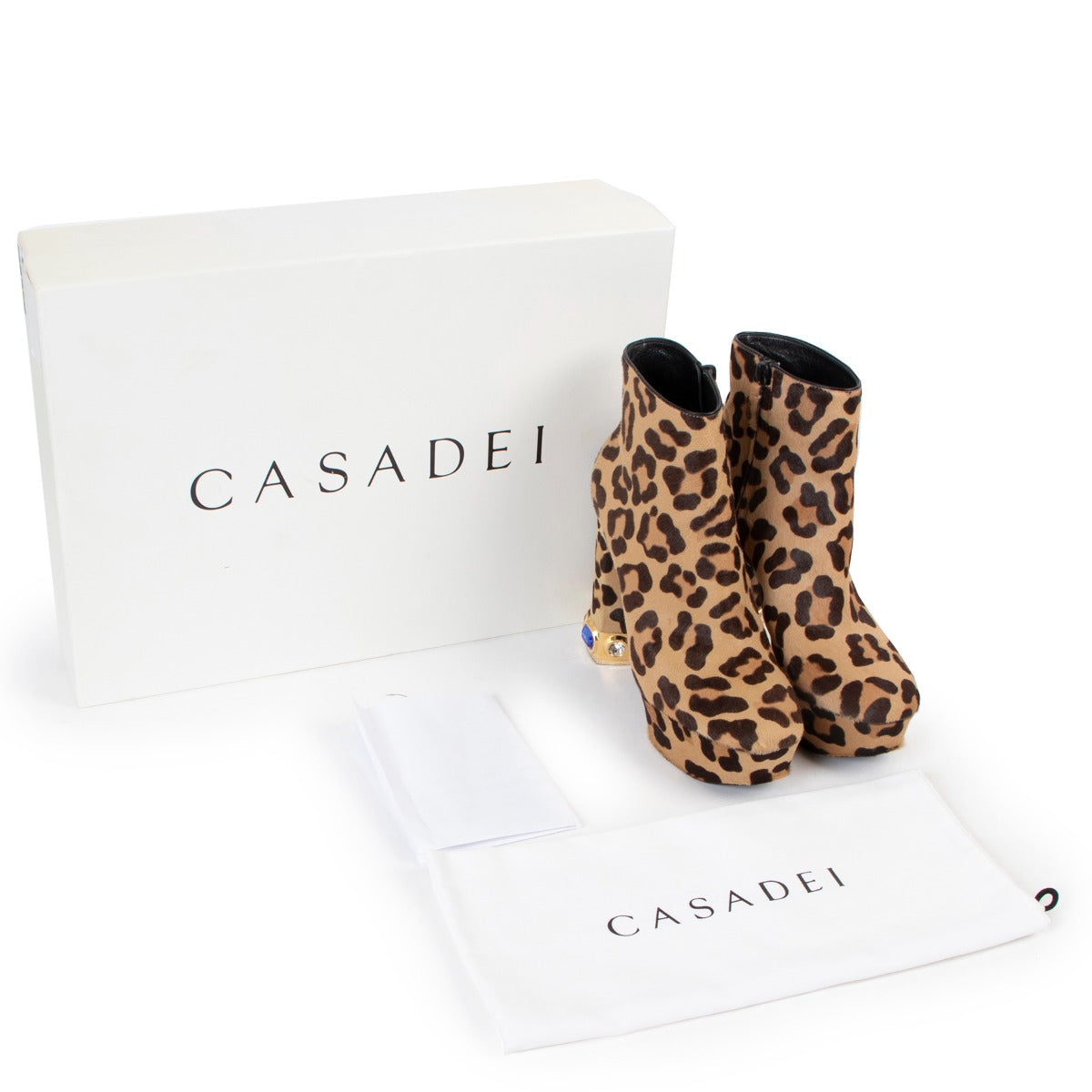 Shop vintage second hand luxury designer fashion Casadei Zimbabwe Leopard Crystal Platform Ankle Boots at Labellov