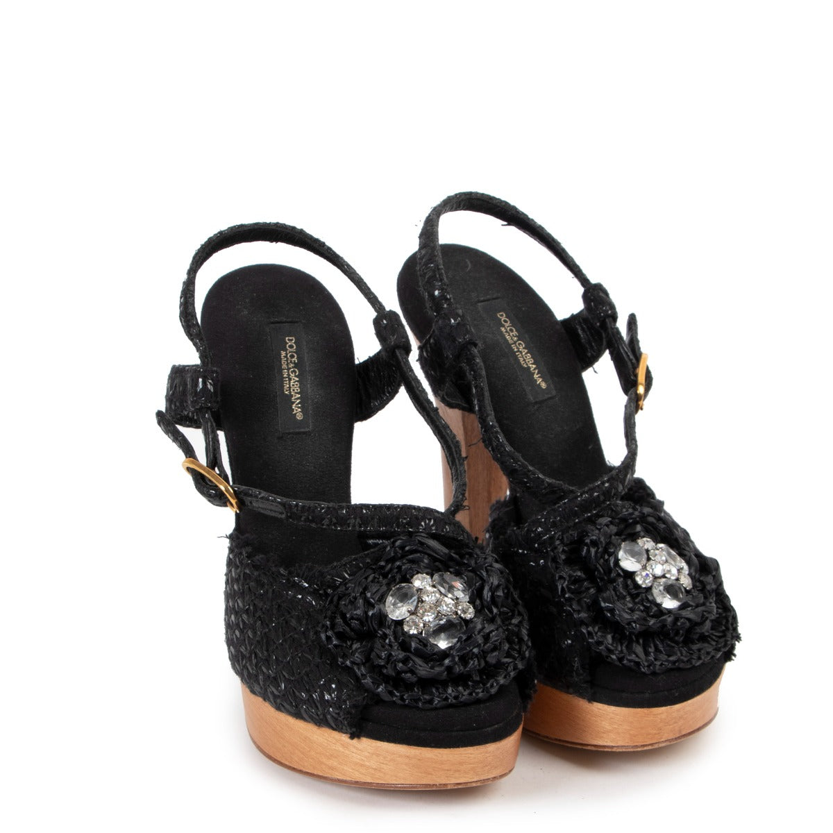 Dolce & Gabbana Black Rosette Raffia Wood Platform Sandals - Size 36