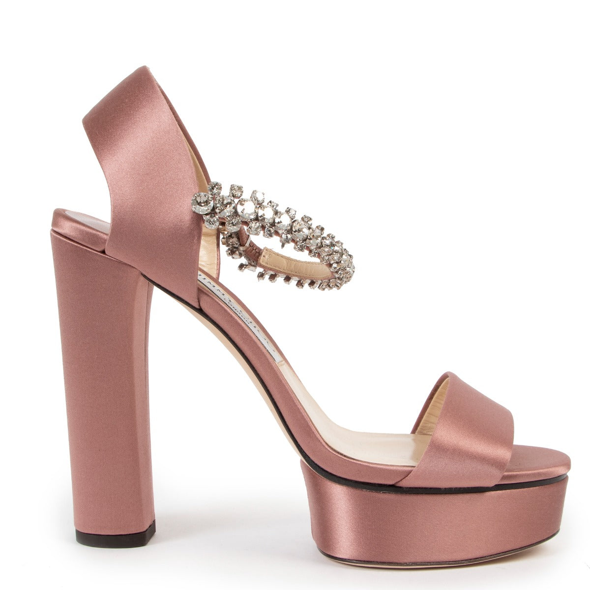 Shop authentic second hand luxury designer fashion Jimmy Choo Pink Santina 125 Satin Crystal Sandals at Labellov.