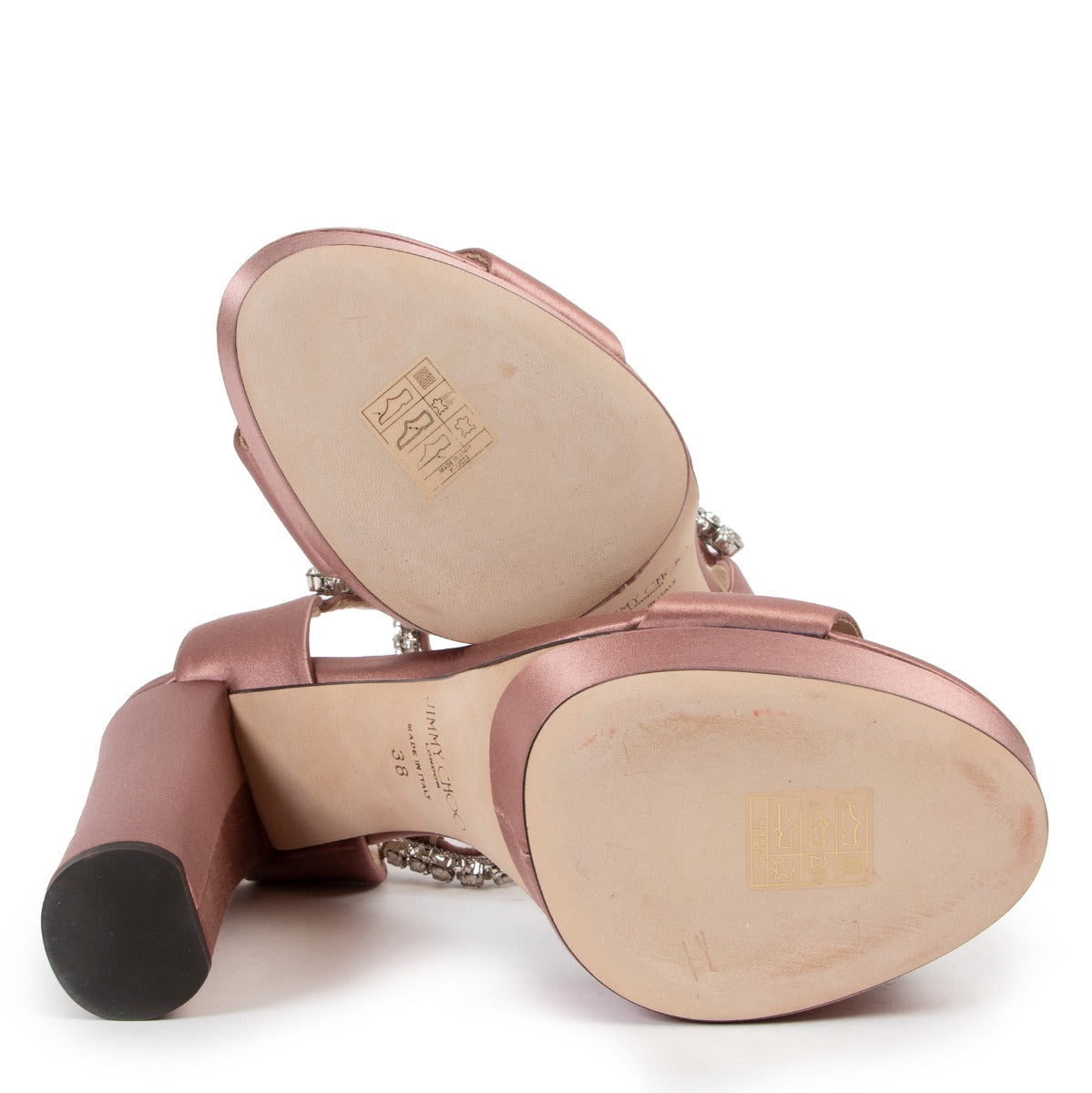 Shop authentic second hand luxury designer fashion Jimmy Choo Pink Santina 125 Satin Crystal Sandals at Labellov.