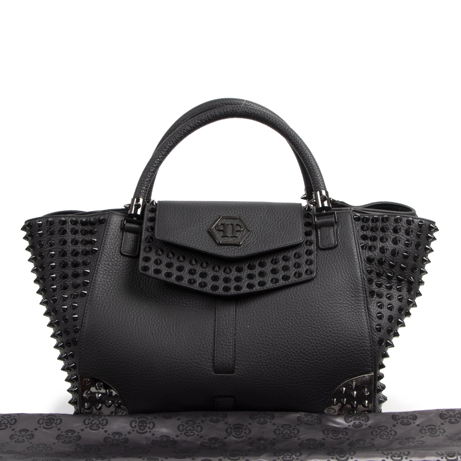 Philipp Plein Black Leather Shell Studded Bag