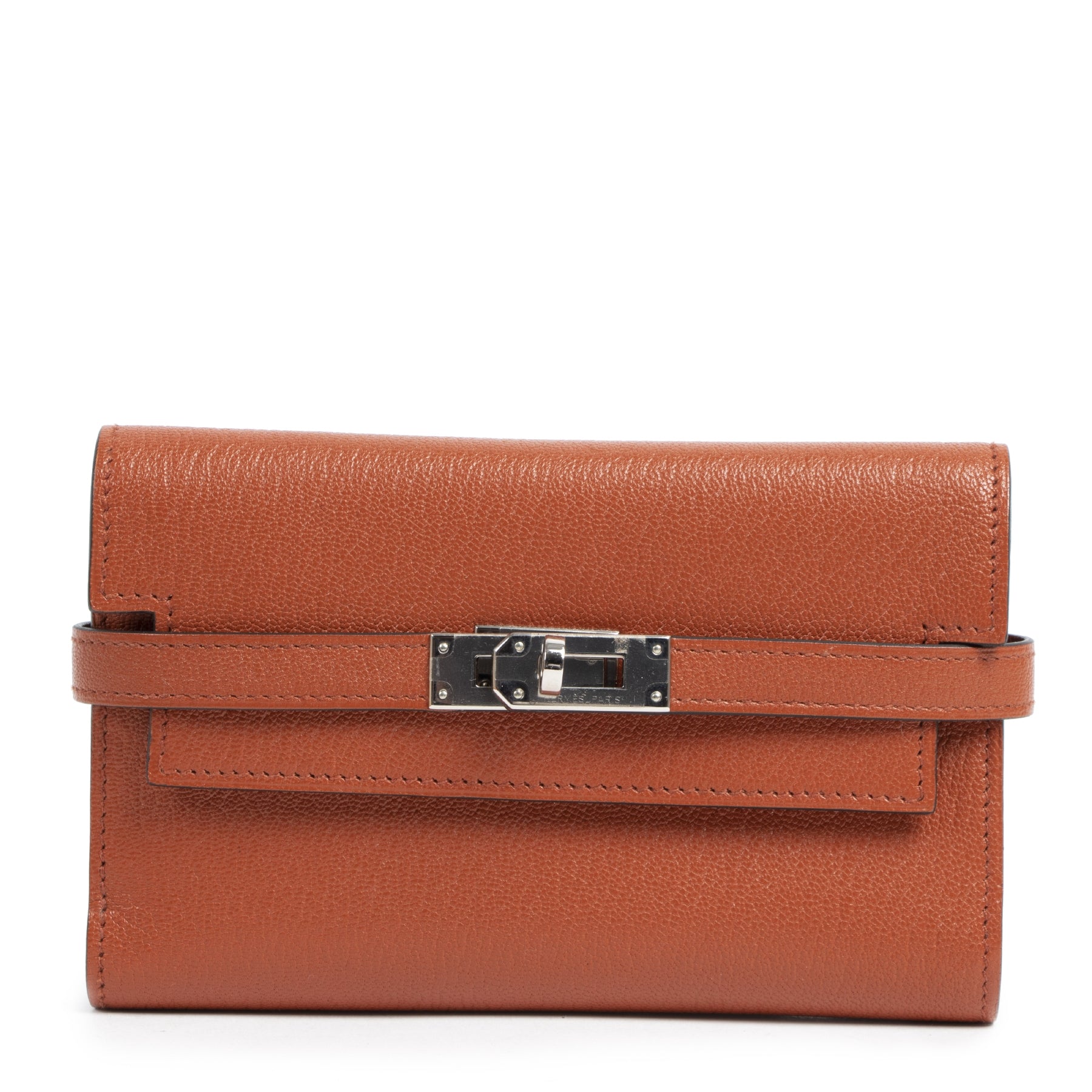 Authentic second-hand vintage Hermès Kelly Wallet Chèvre Mysore Brique PHW buy online webshop LabelLOV