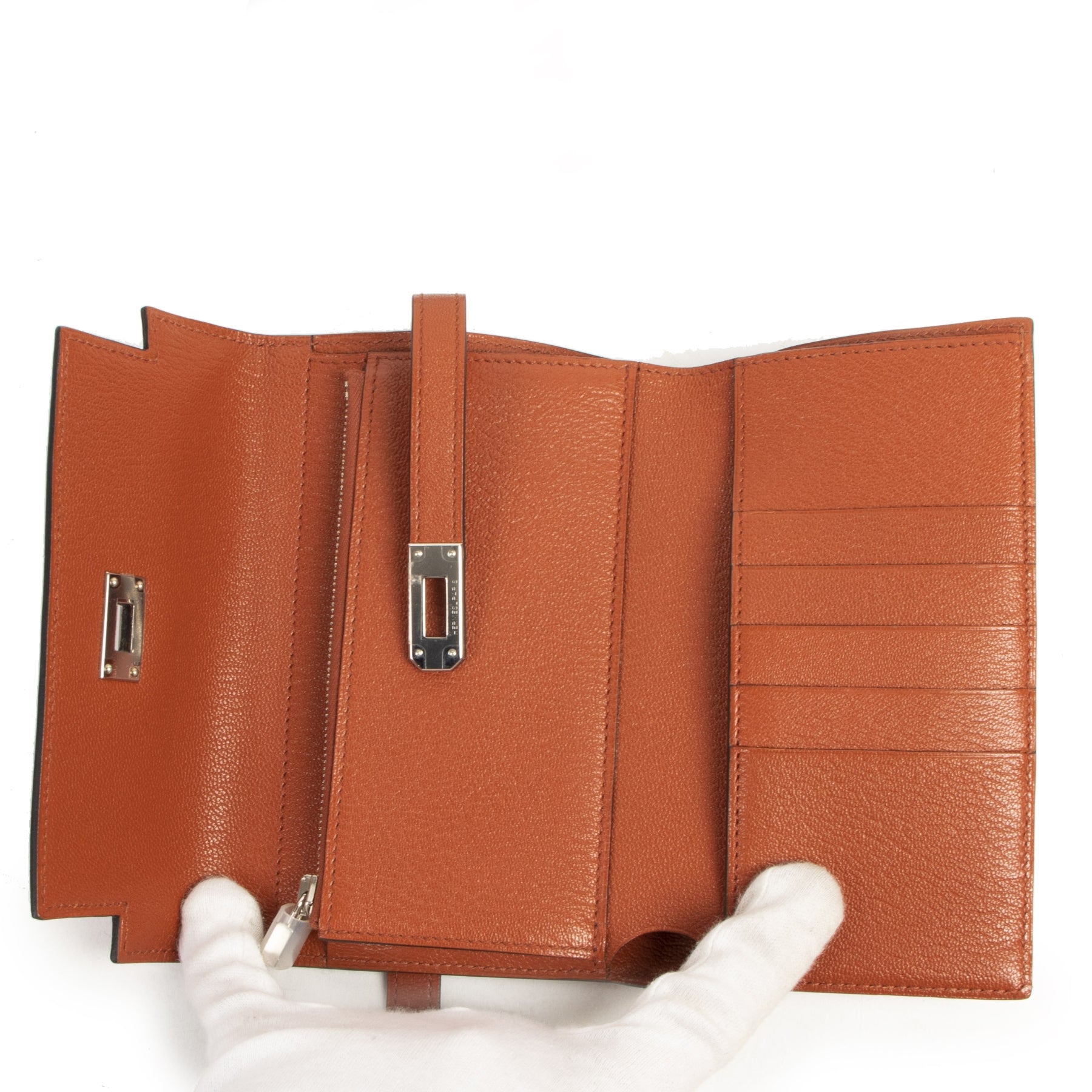 Authentic second-hand vintage Hermès Kelly Wallet Chèvre Mysore Brique PHW buy online webshop LabelLOV