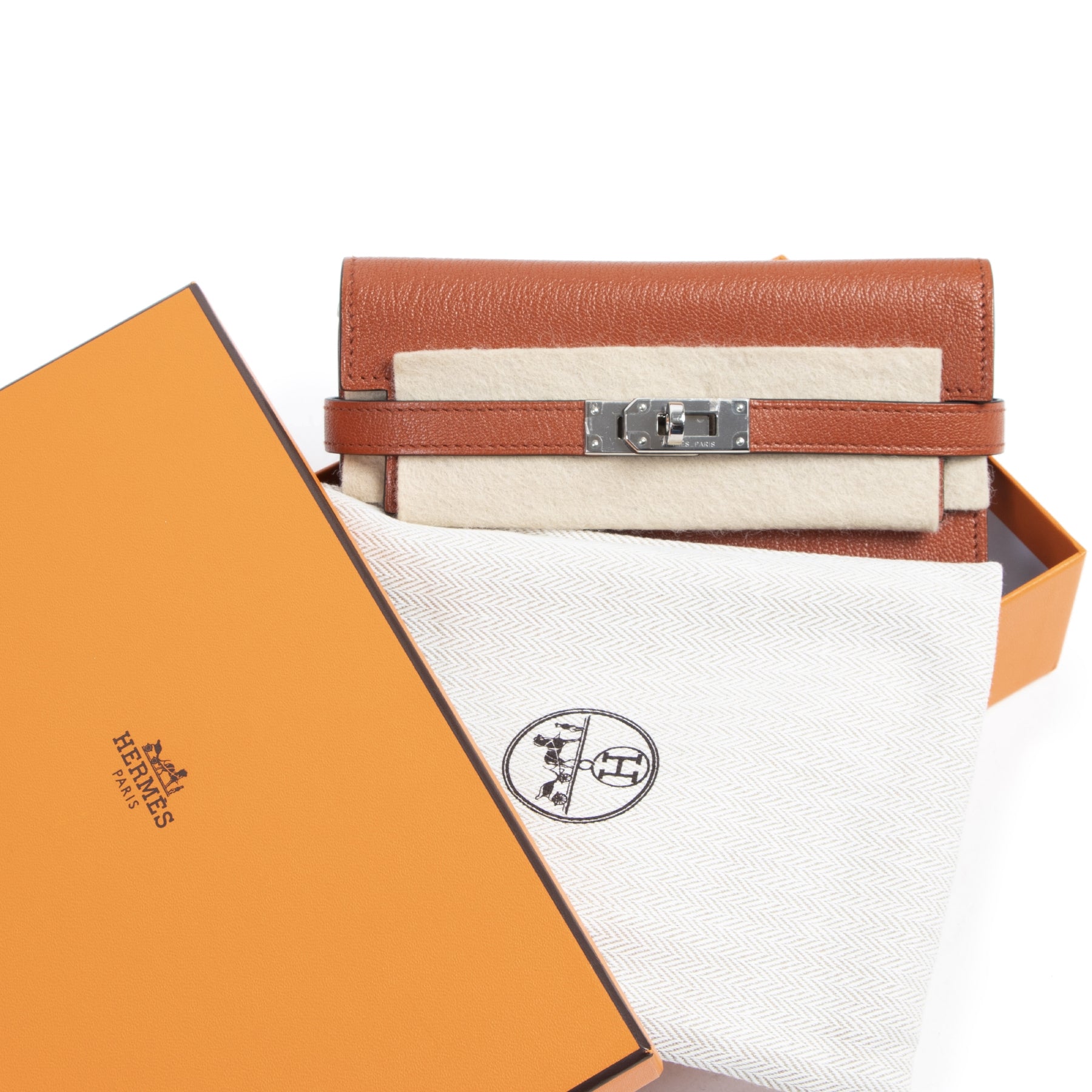 Authentieke tweedehands vintage Hermès Kelly Wallet Chèvre Mysore Brique PHW koop online webshop LabelLOV